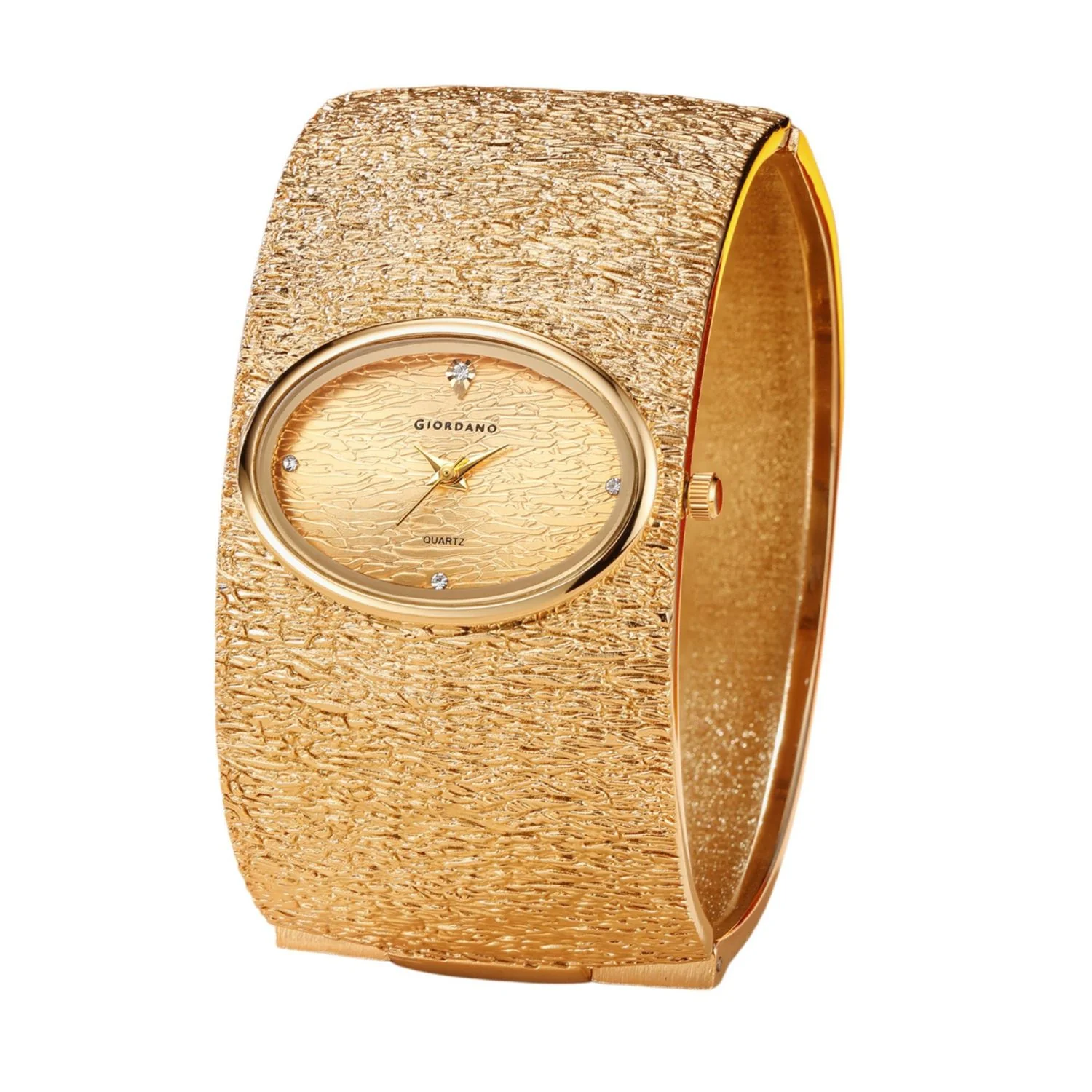 Giordano Analog Quartz Watch for Women with Oval Gold Textured Dial, Crystal Hour Markers, Stainless Steel Bangle Strap - GZ-60171-22 - Image 5