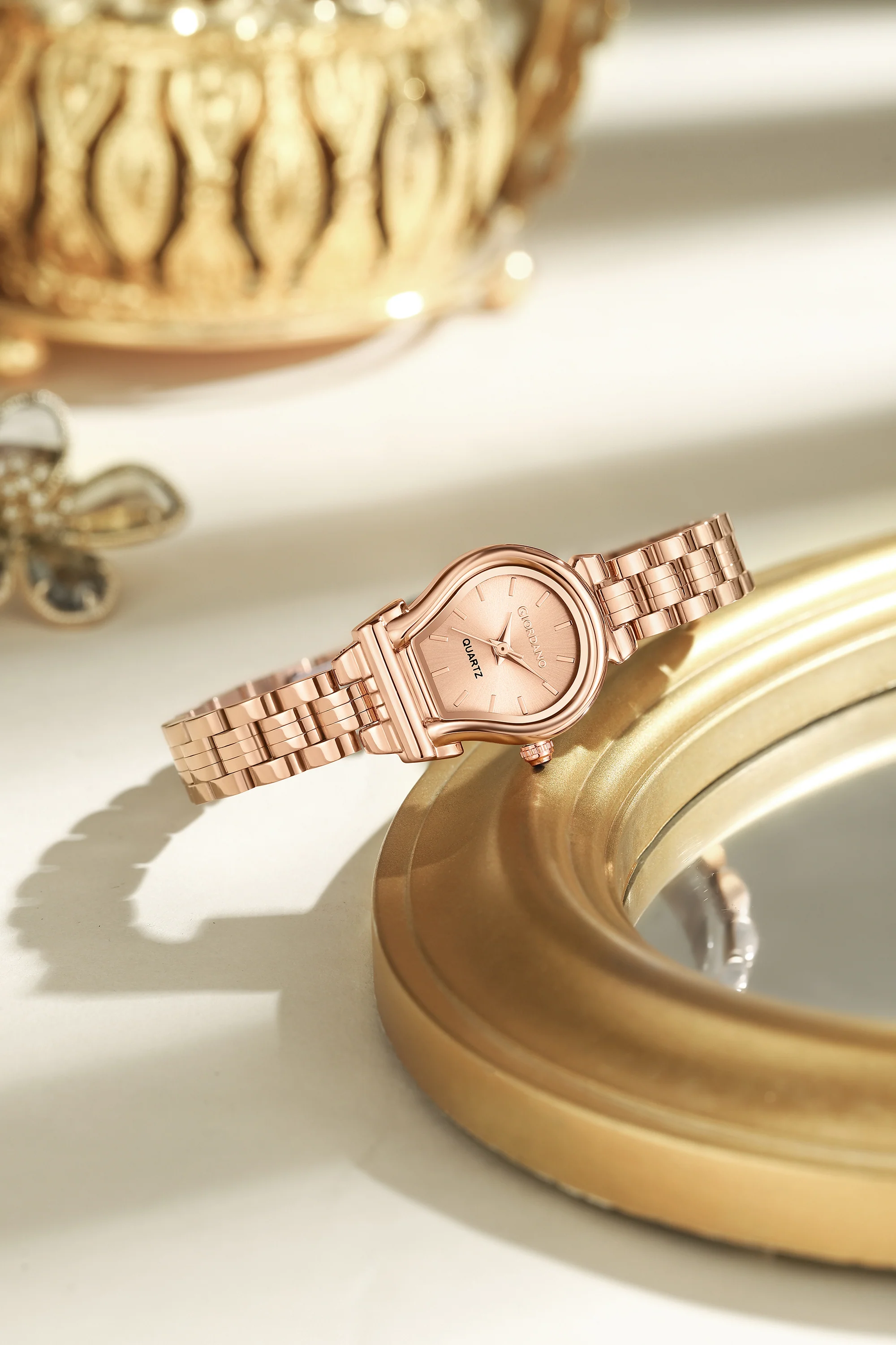 Giordano Analog Quartz Watch for Women with Oval Rose Gold Dial, Water Drop Shaped Case, Blue Crown, Rose Gold Stainless Steel Strap - GZ-60155-55 - Image 3