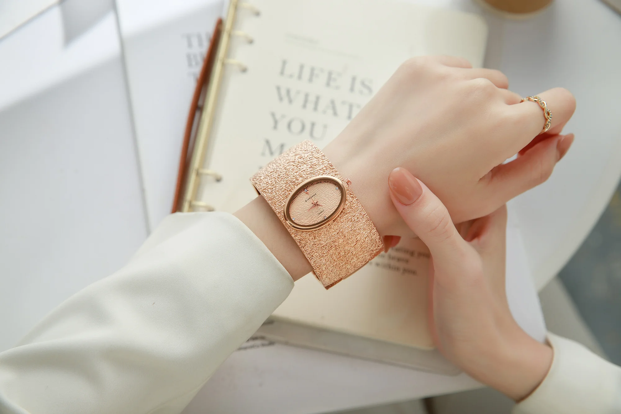 Giordano Analog Quartz Watch for Women with Oval Rose Gold Textured Dial, Crystal Hour Markers, Stainless Steel Bangle Strap - GZ-60171-33 - Image 2