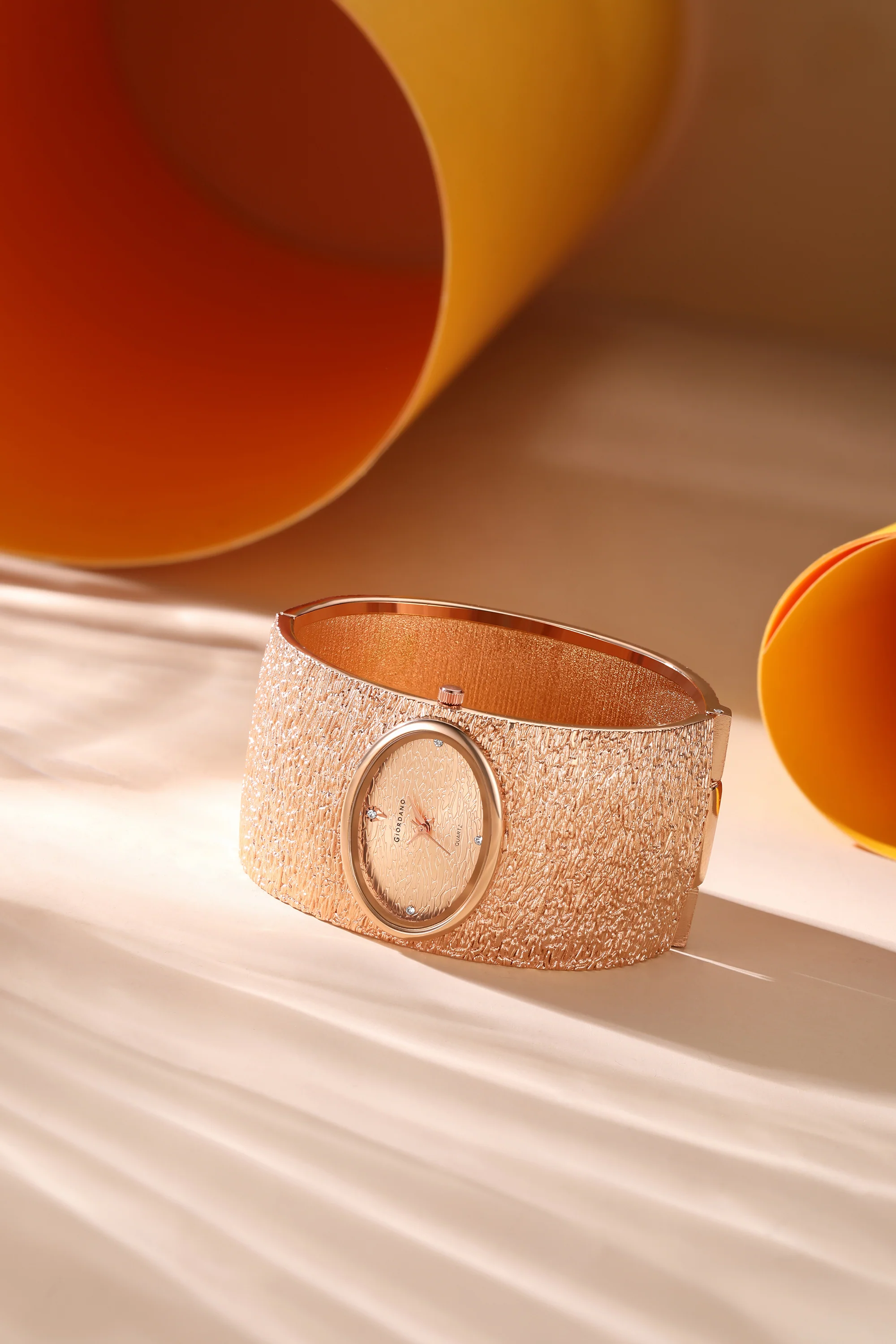 Giordano Analog Quartz Watch for Women with Oval Rose Gold Textured Dial, Crystal Hour Markers, Stainless Steel Bangle Strap - GZ-60171-33 - Image 3