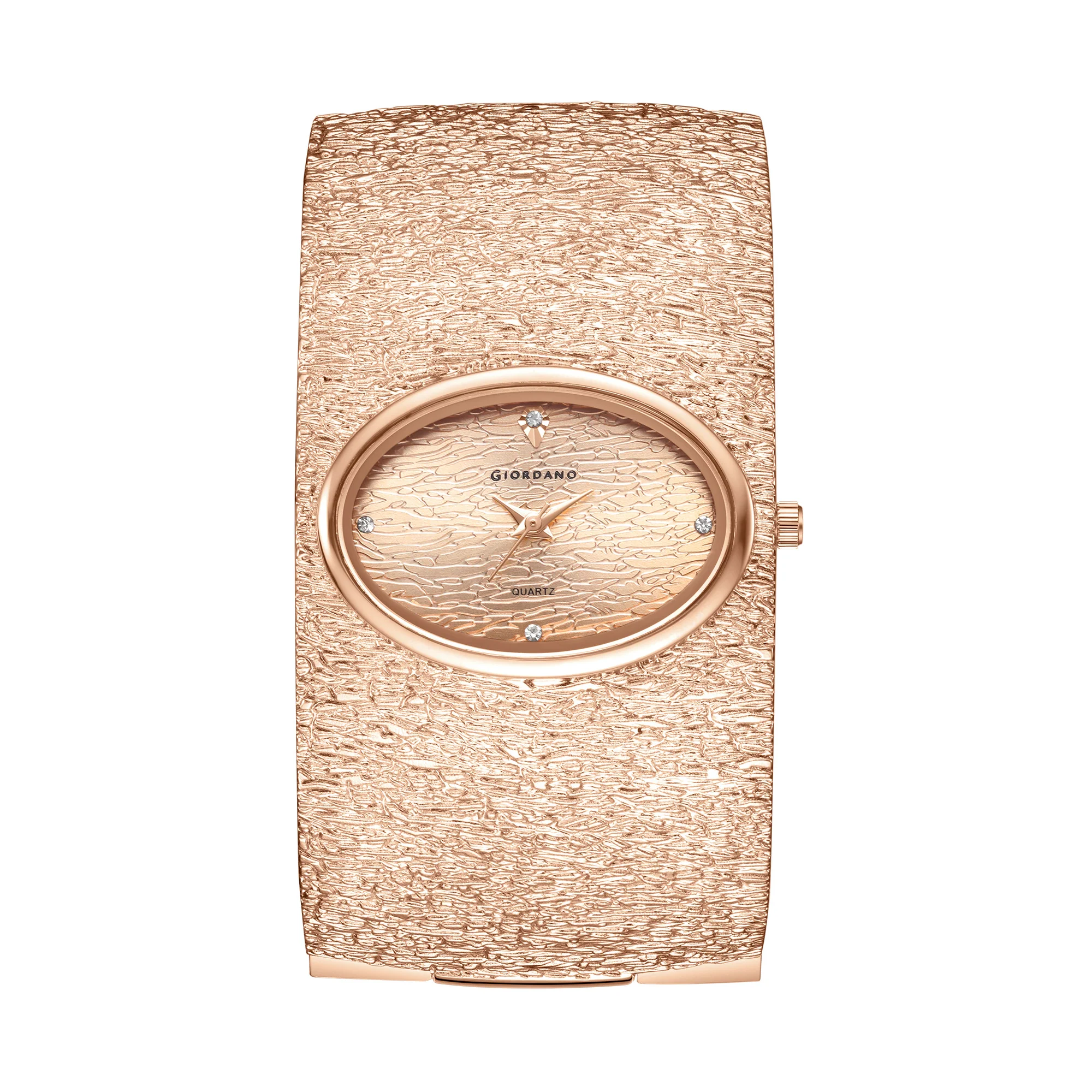 Giordano Analog Quartz Watch for Women with Oval Rose Gold Textured Dial, Crystal Hour Markers, Stainless Steel Bangle Strap - GZ-60171-33 - Image 5