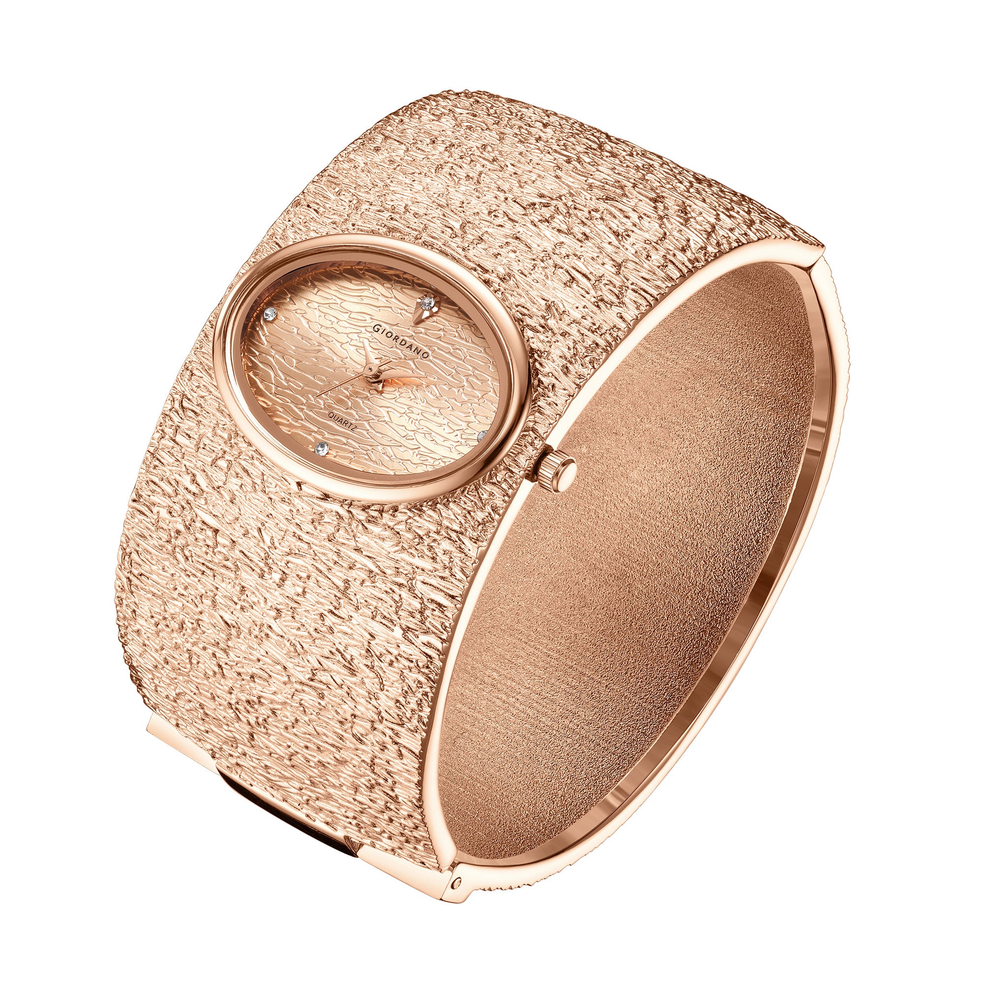 Giordano Analog Quartz Watch for Women with Oval Rose Gold Textured Dial, Crystal Hour Markers, Stainless Steel Bangle Strap - GZ-60171-33 - Image 6