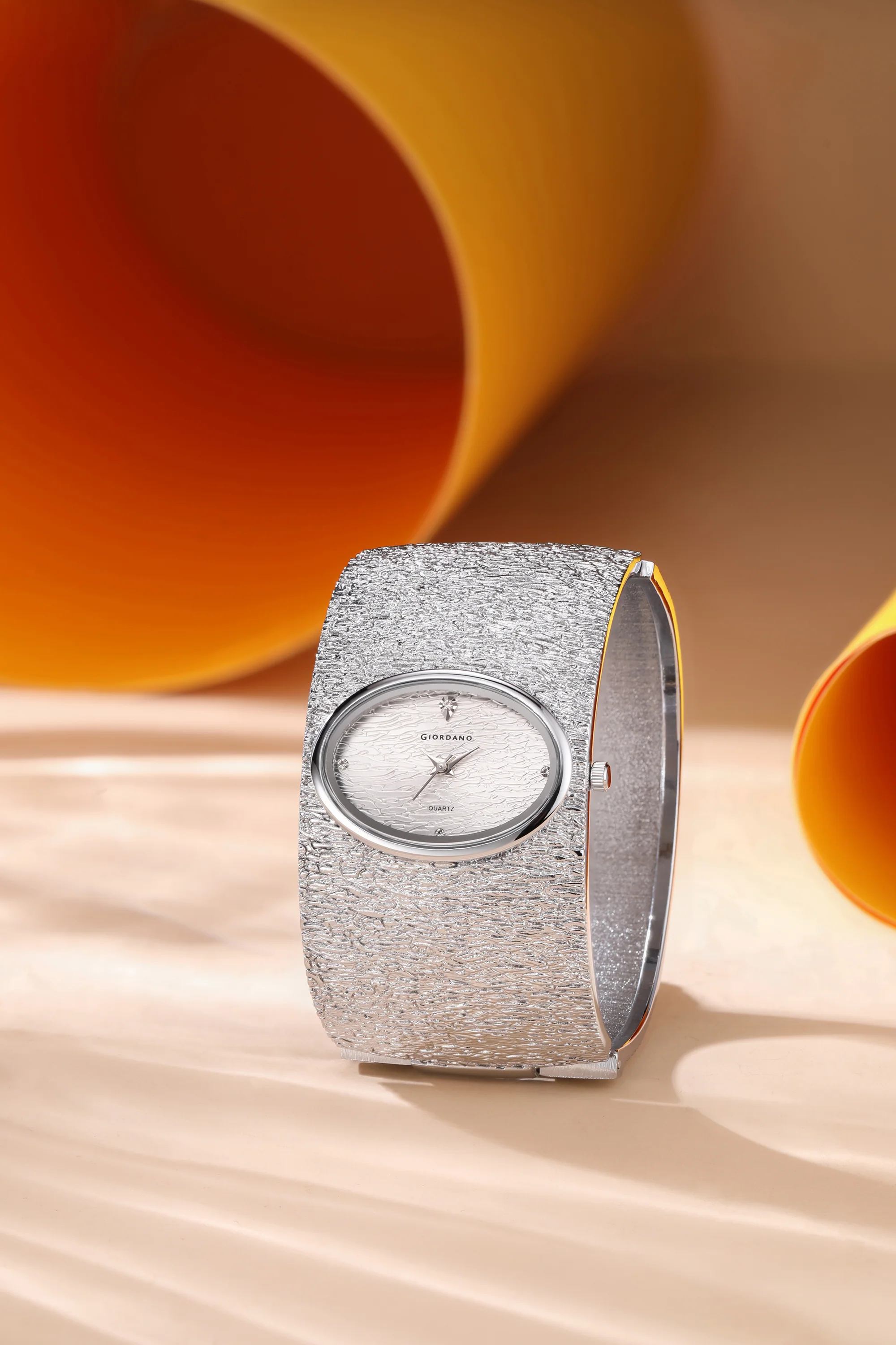 Giordano Analog Quartz Watch for Women with Oval Silver Textured Dial, Crystal Hour Markers, Stainless Steel Bangle Strap - GZ-60171-11