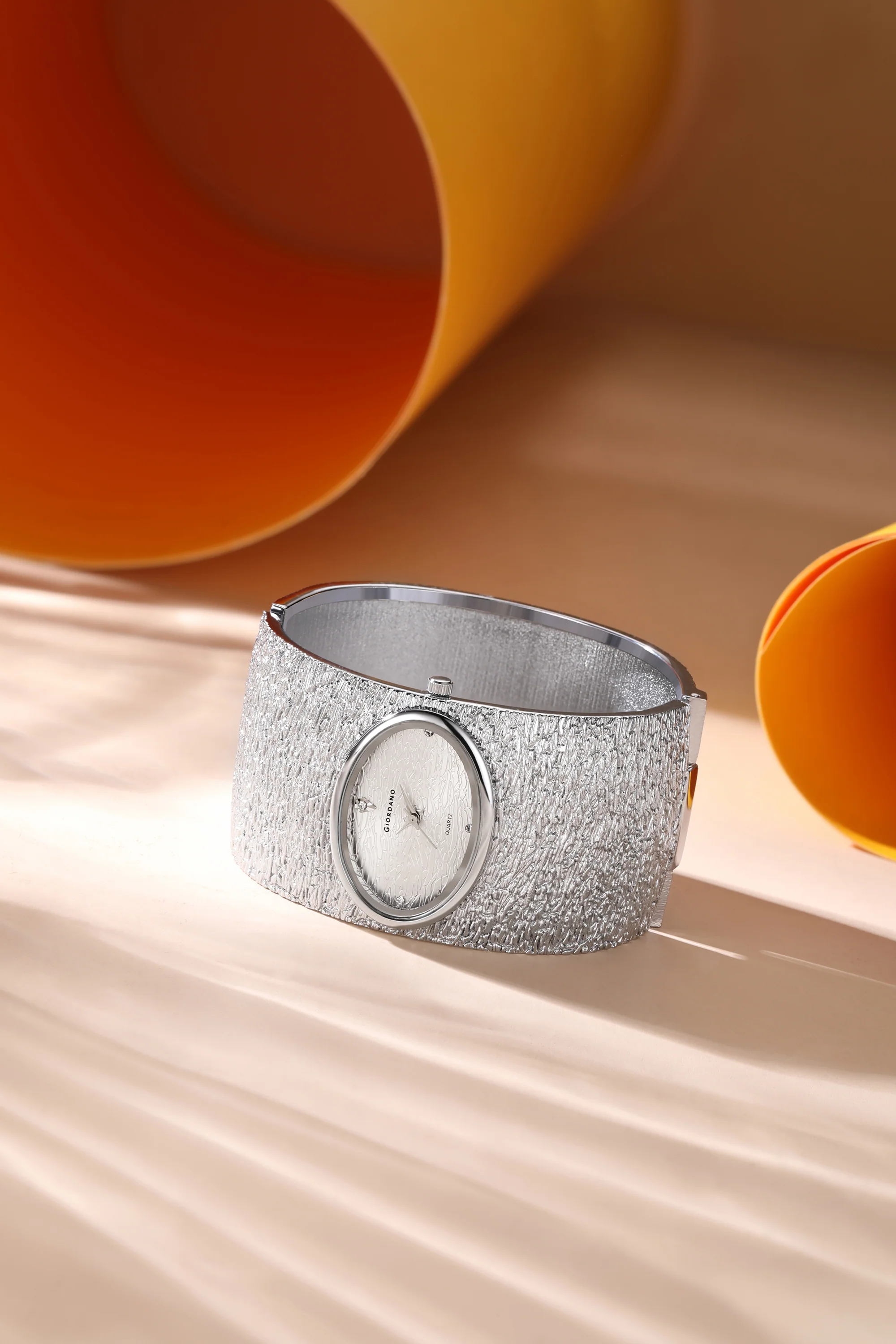 Giordano Analog Quartz Watch for Women with Oval Silver Textured Dial, Crystal Hour Markers, Stainless Steel Bangle Strap - GZ-60171-11 - Image 3