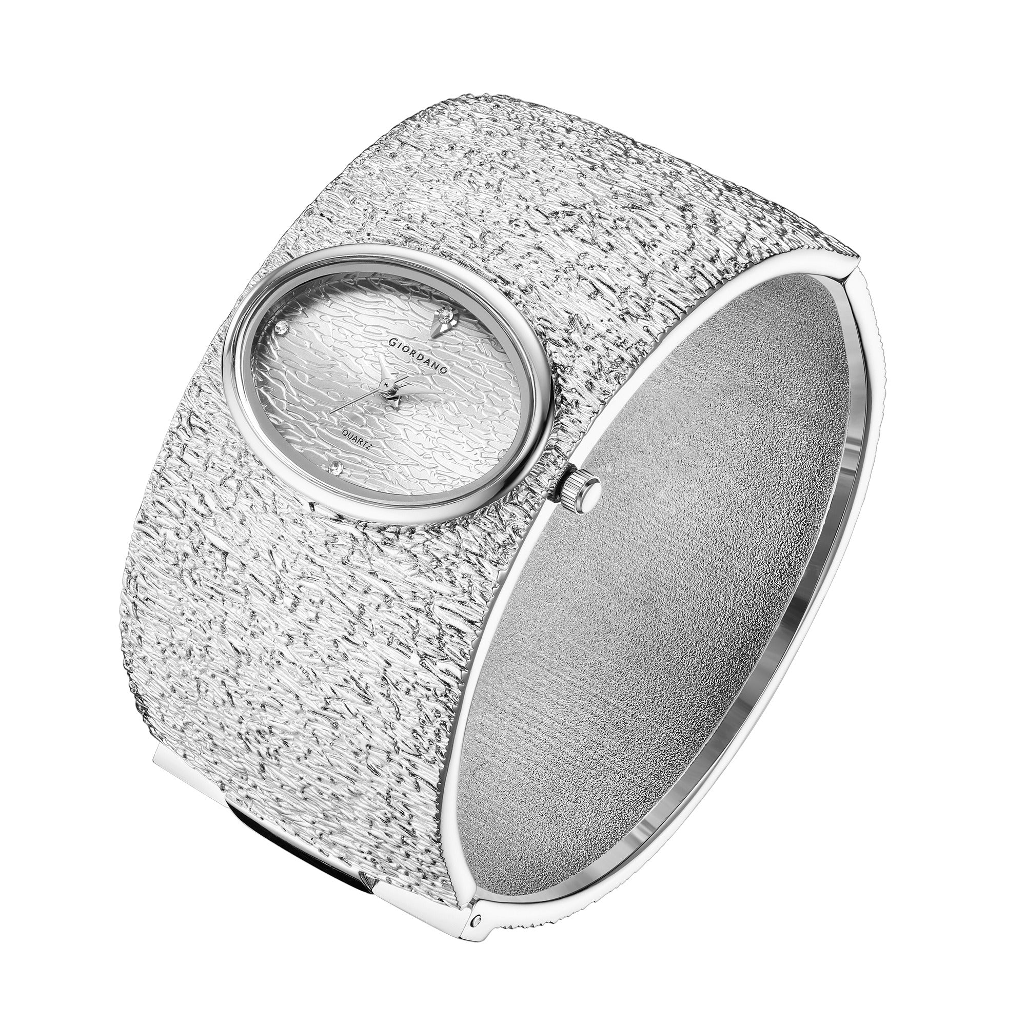 Giordano Analog Quartz Watch for Women with Oval Silver Textured Dial, Crystal Hour Markers, Stainless Steel Bangle Strap - GZ-60171-11 - Image 6