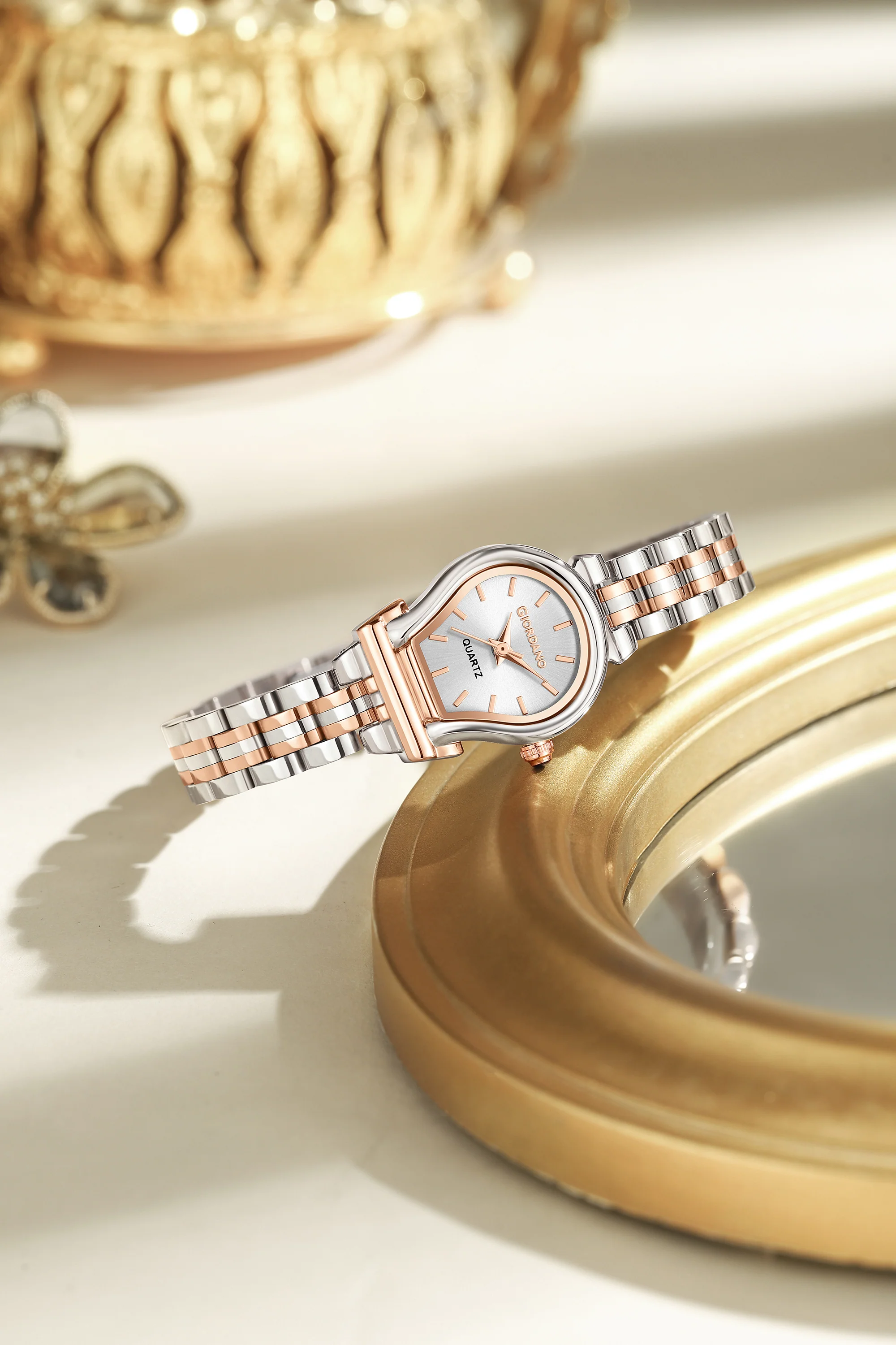Giordano Analog Quartz Watch for Women with Oval White Dial, Water Drop Shaped Case, Blue Crown, Silver and Rose Gold Stainless Steel Strap - GZ-60155-22 - Image 3