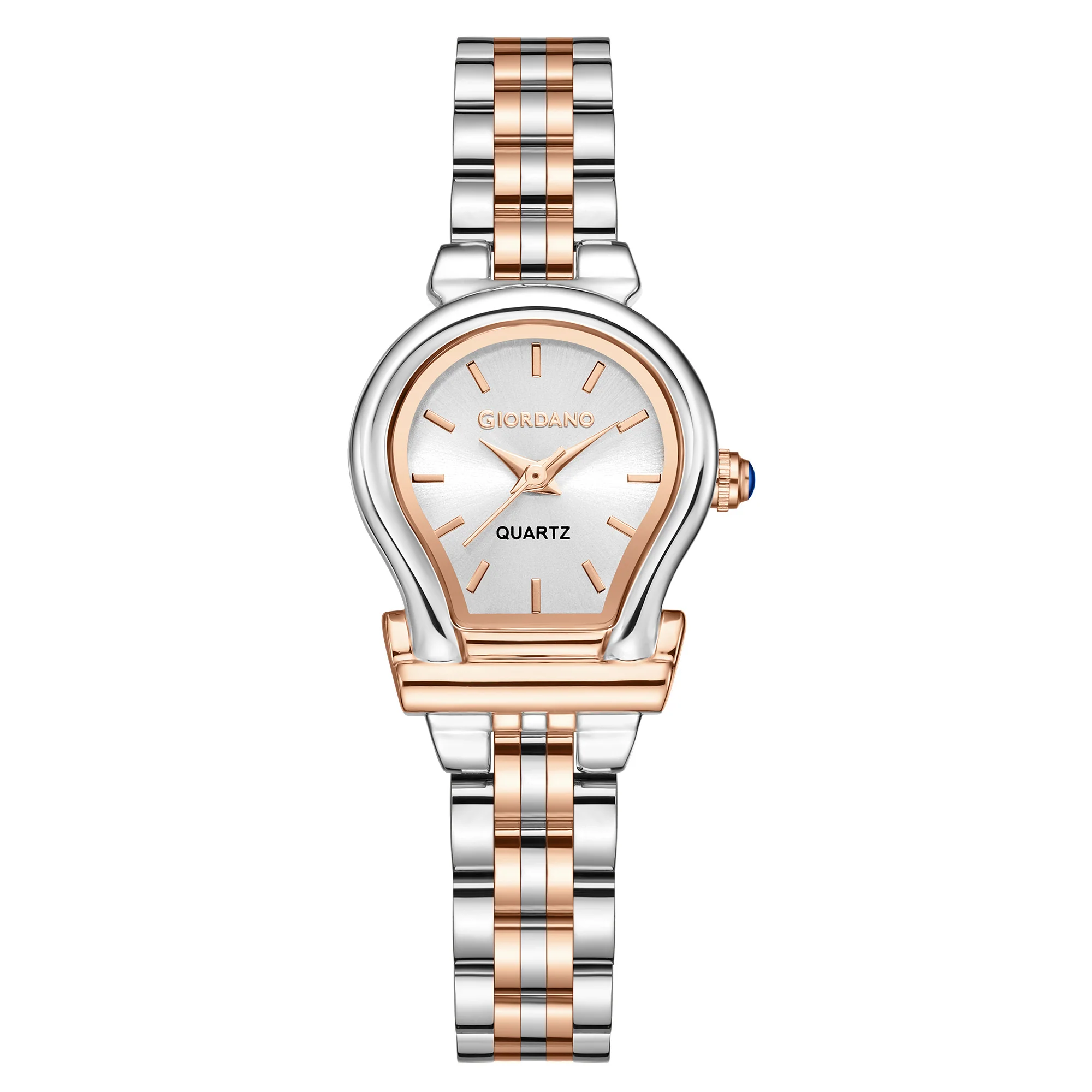 Giordano Analog Quartz Watch for Women with Oval White Dial, Water Drop Shaped Case, Blue Crown, Silver and Rose Gold Stainless Steel Strap - GZ-60155-22 - Image 4