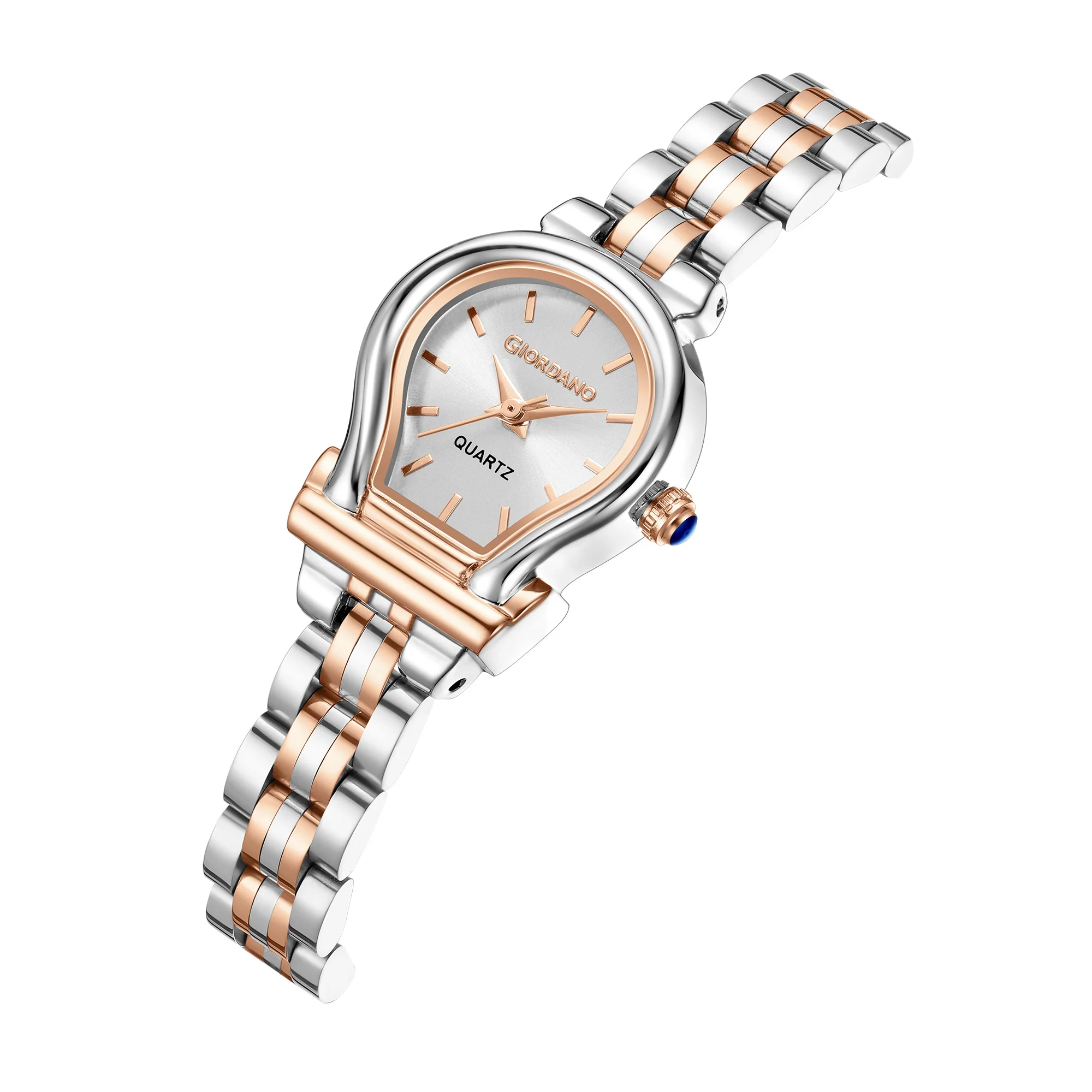 Giordano Analog Quartz Watch for Women with Oval White Dial, Water Drop Shaped Case, Blue Crown, Silver and Rose Gold Stainless Steel Strap - GZ-60155-22 - Image 5