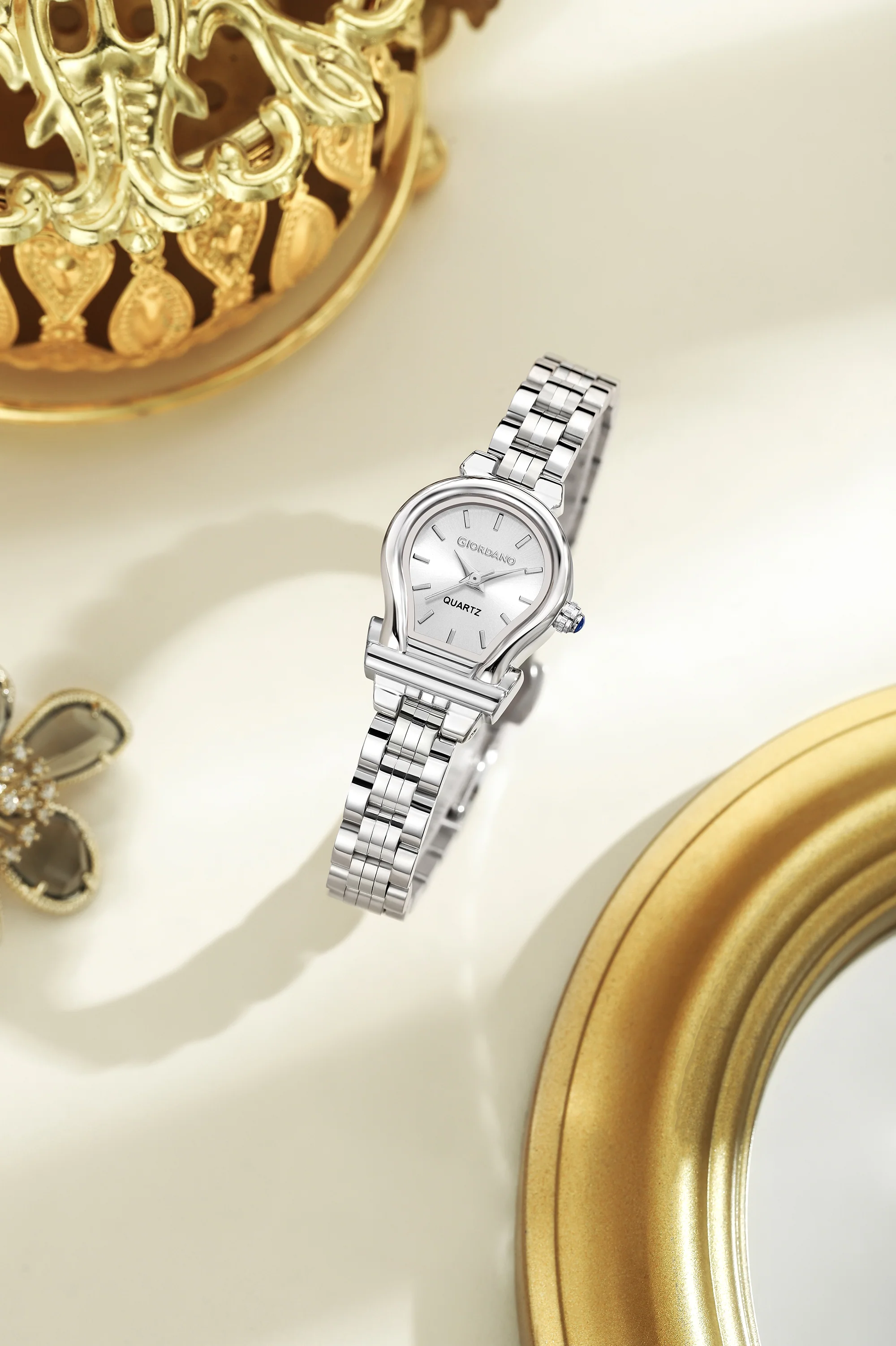 Giordano Analog Quartz Watch for Women with Oval White Dial, Water Drop Shaped Case, Blue Crown, Silver Stainless Steel Strap - GZ-60155-11