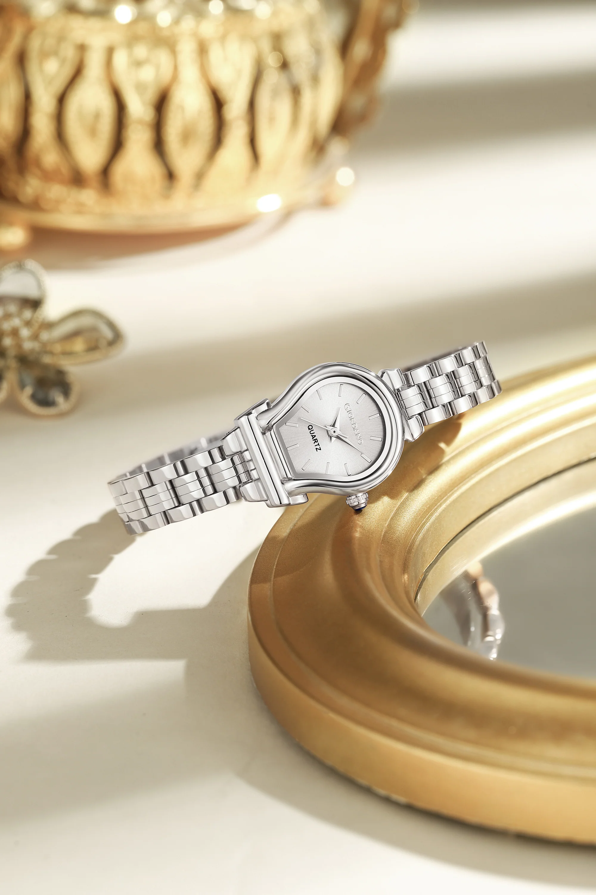 Giordano Analog Quartz Watch for Women with Oval White Dial, Water Drop Shaped Case, Blue Crown, Silver Stainless Steel Strap - GZ-60155-11 - Image 3