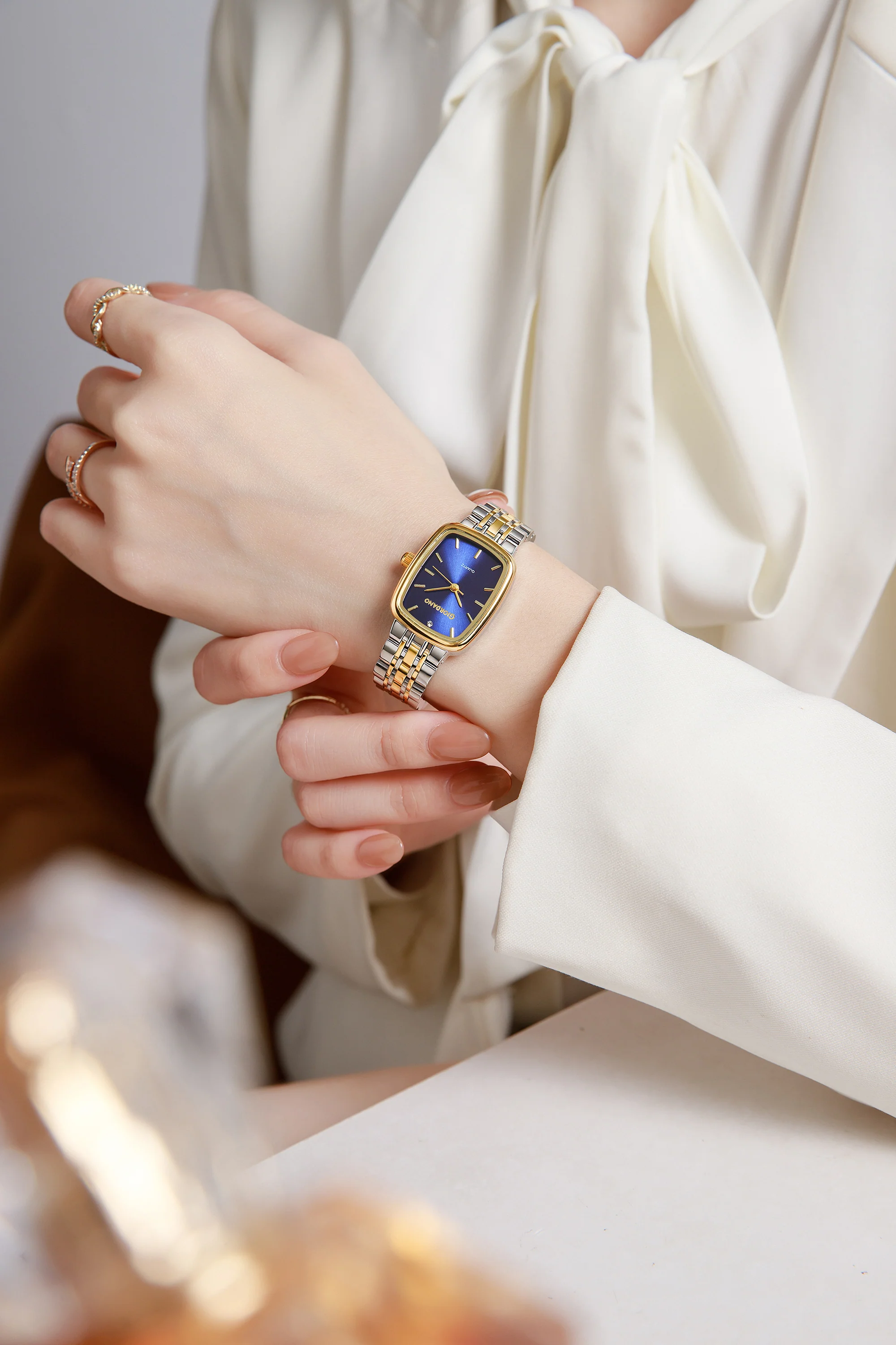 Giordano Analog Quartz Watch for Women with Rectangular Blue Dial, Blue Crown, Silver and Gold Stainless Steel Strap - GZ-60150-22 - Image 2