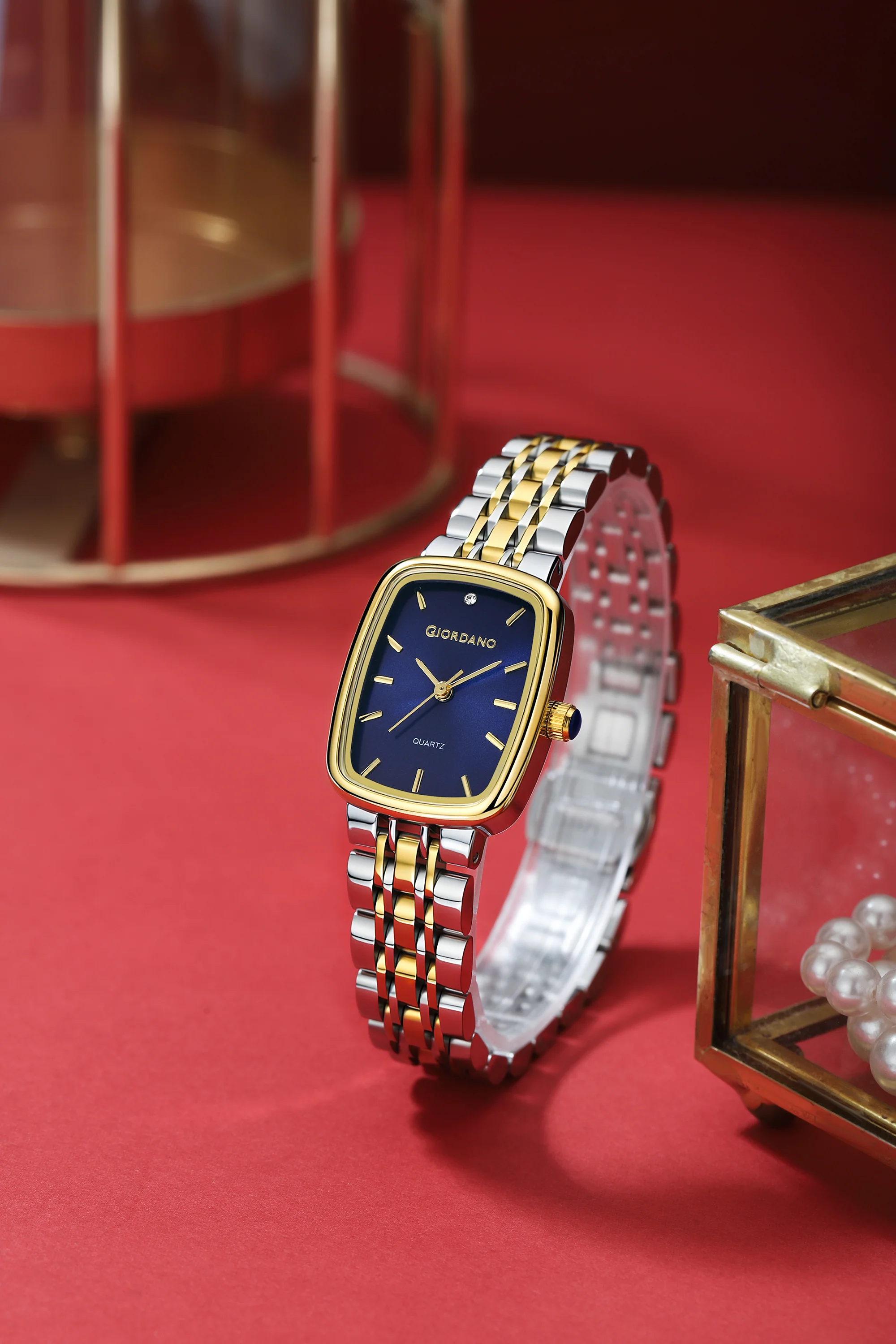 Giordano Analog Quartz Watch for Women with Rectangular Blue Dial, Blue Crown, Silver and Gold Stainless Steel Strap - GZ-60150-22 - Image 3