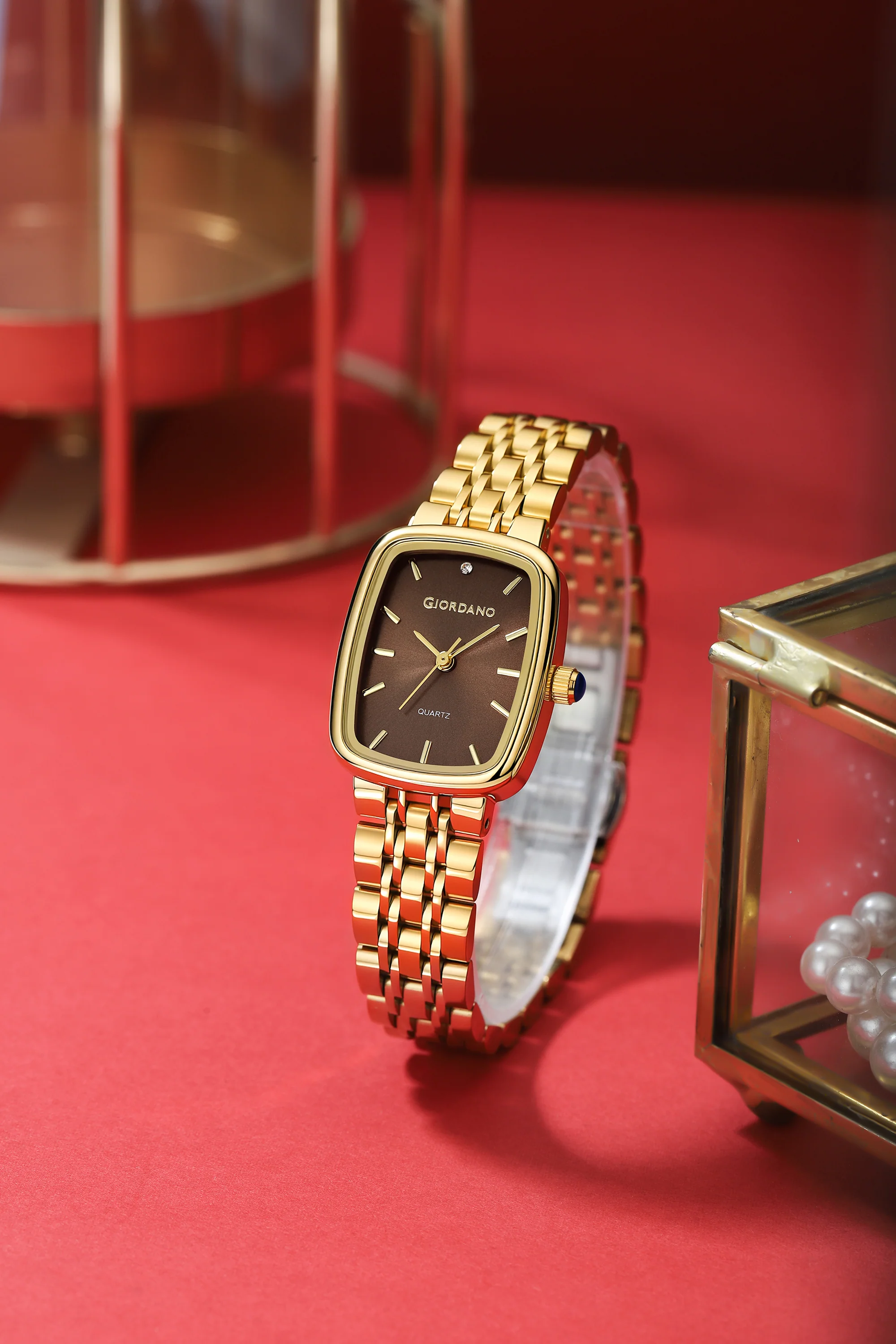 Giordano Analog Quartz Watch for Women with Rectangular Brown Dial, Blue Crown, Gold Stainless Steel Strap - GZ-60150-44 - Image 3