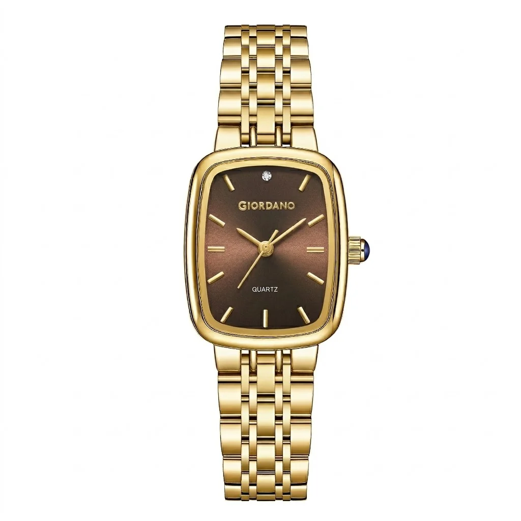 Giordano Analog Quartz Watch for Women with Rectangular Brown Dial, Blue Crown, Gold Stainless Steel Strap - GZ-60150-44 - Image 5