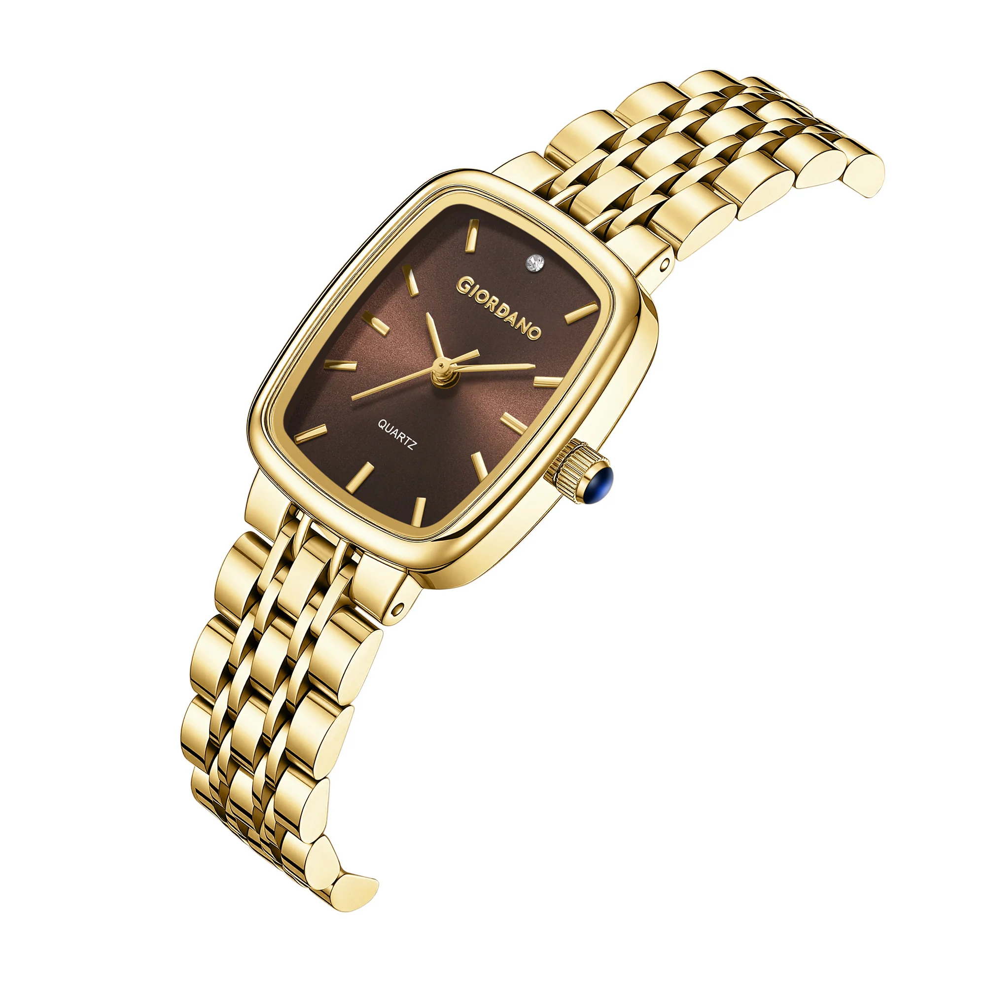 Giordano Analog Quartz Watch for Women with Rectangular Brown Dial, Blue Crown, Gold Stainless Steel Strap - GZ-60150-44 - Image 6