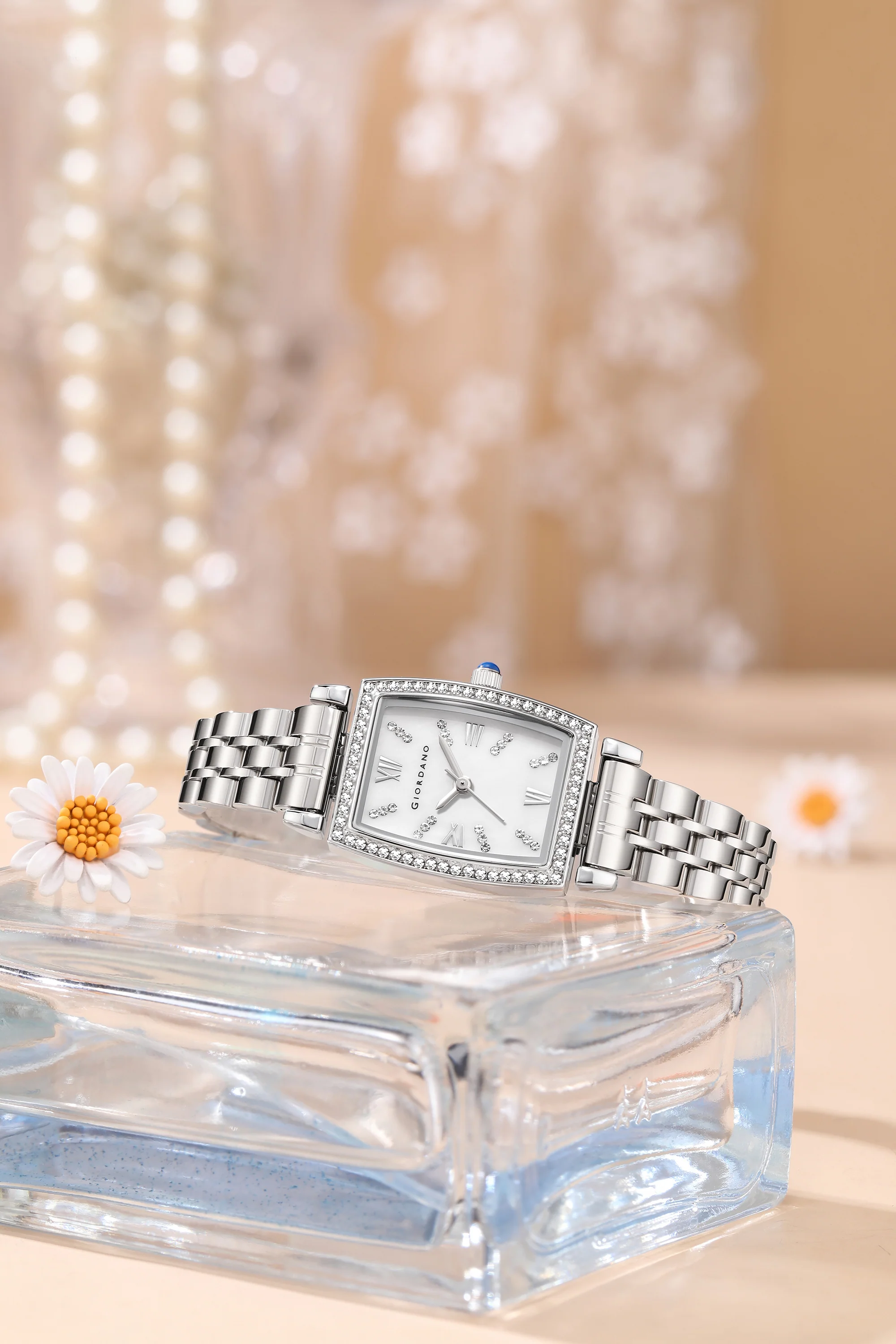 Giordano Analog Quartz Watch for Women with Rectangular Dial, Crystal Studded Bezel, Roman Numeral Markers and Stainless Steel Strap GZ-60130-11 - Image 3