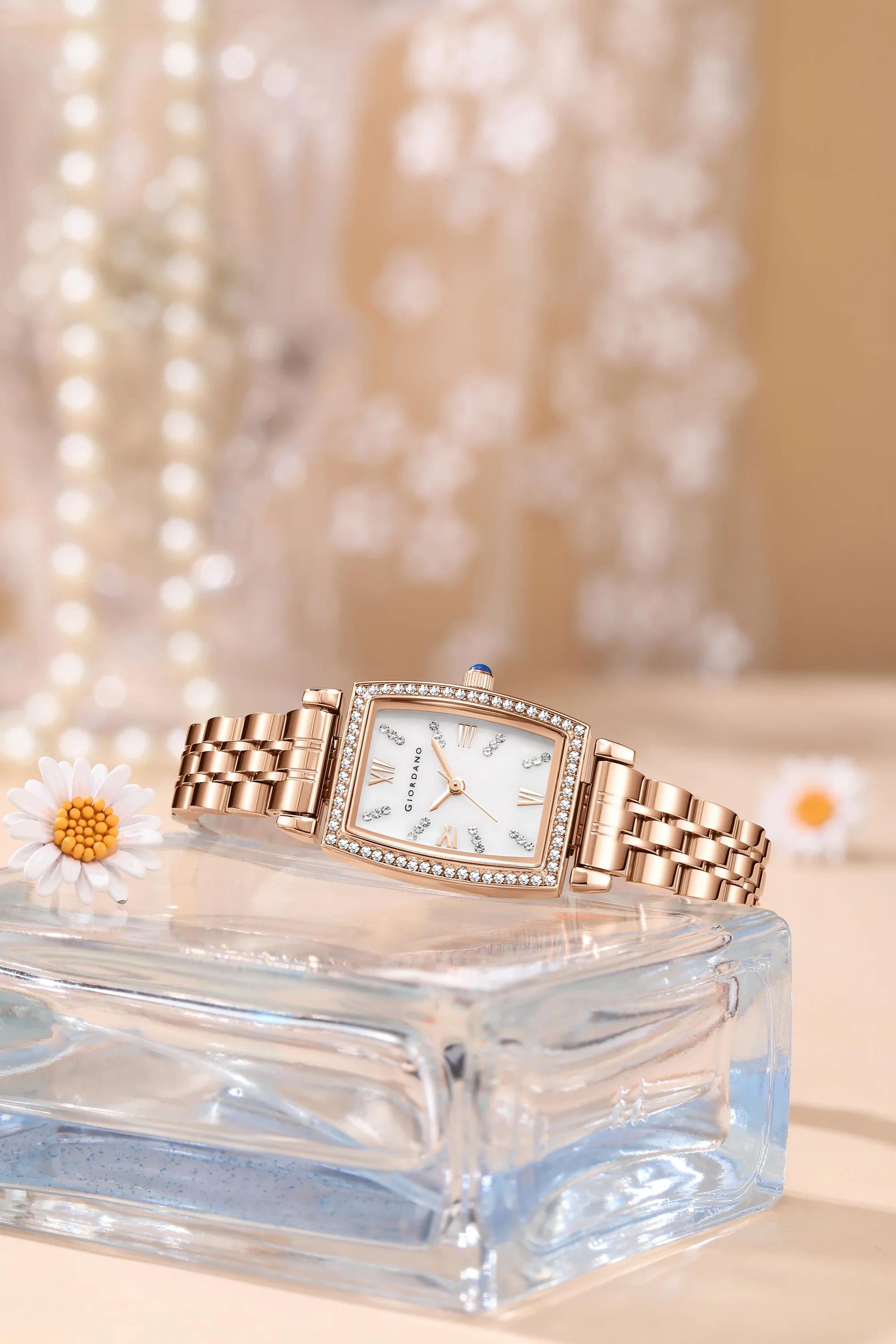 Giordano Analog Quartz Watch for Women with Rectangular Dial, Crystal Studded Bezel, Roman Numeral Markers and Stainless Steel Strap GZ-60130-22 - Image 3