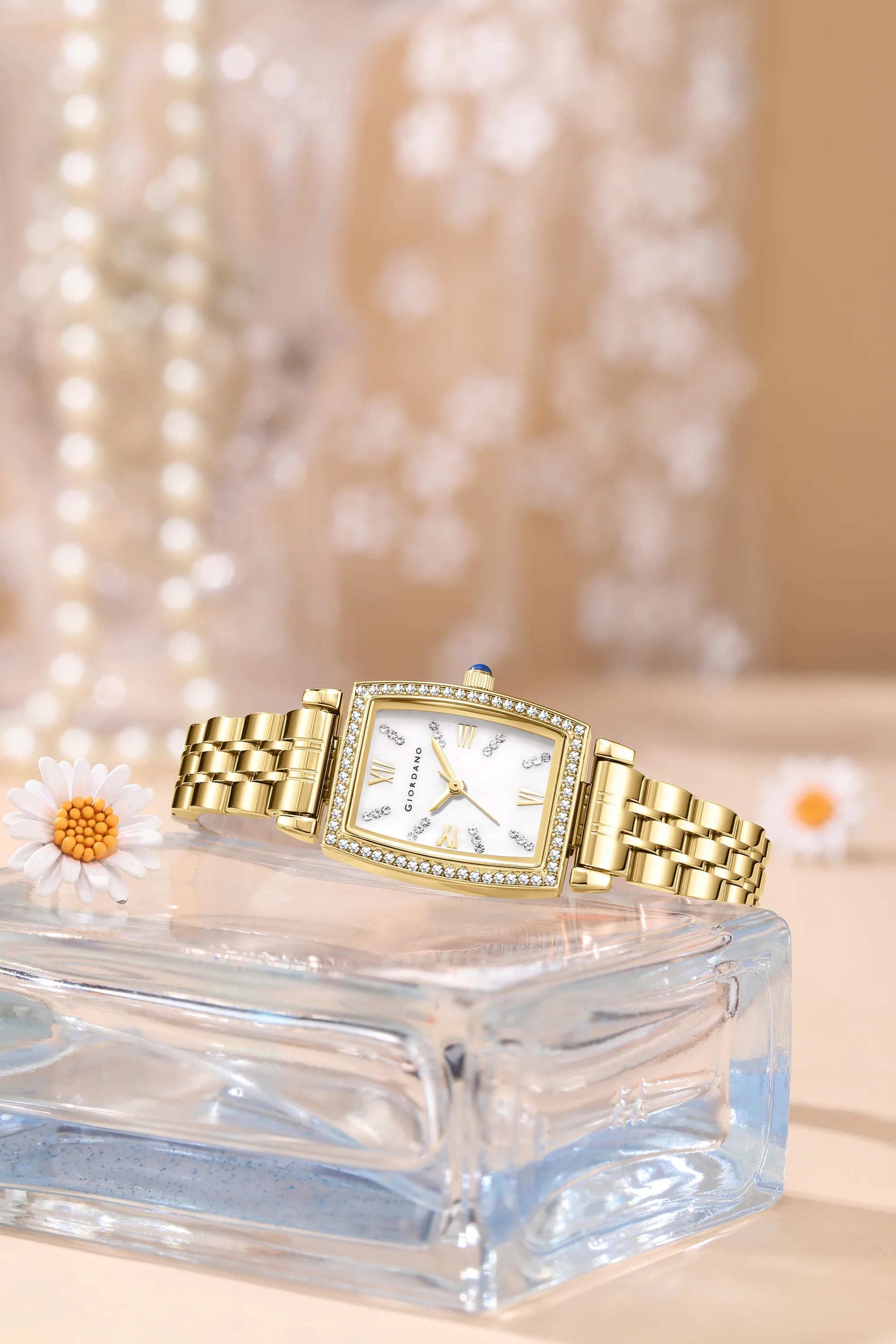 Giordano Analog Quartz Watch for Women with Rectangular Dial, Crystal Studded Bezel, Roman Numeral Markers and Stainless Steel Strap GZ-60130-33 - Image 3