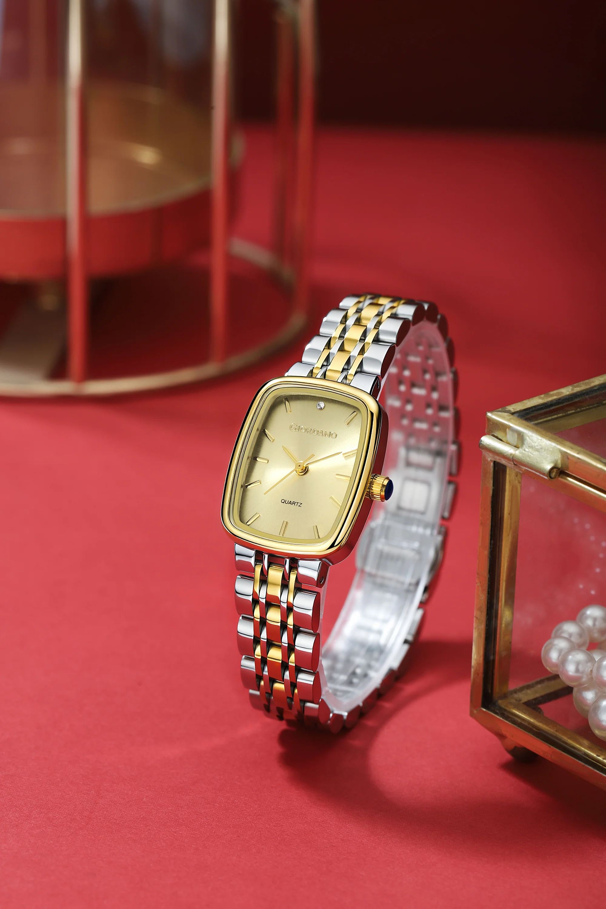 Giordano Analog Quartz Watch for Women with Rectangular Gold Dial, Blue Crown, Silver and Gold Stainless Steel Strap - GZ-60150-11 - Image 3