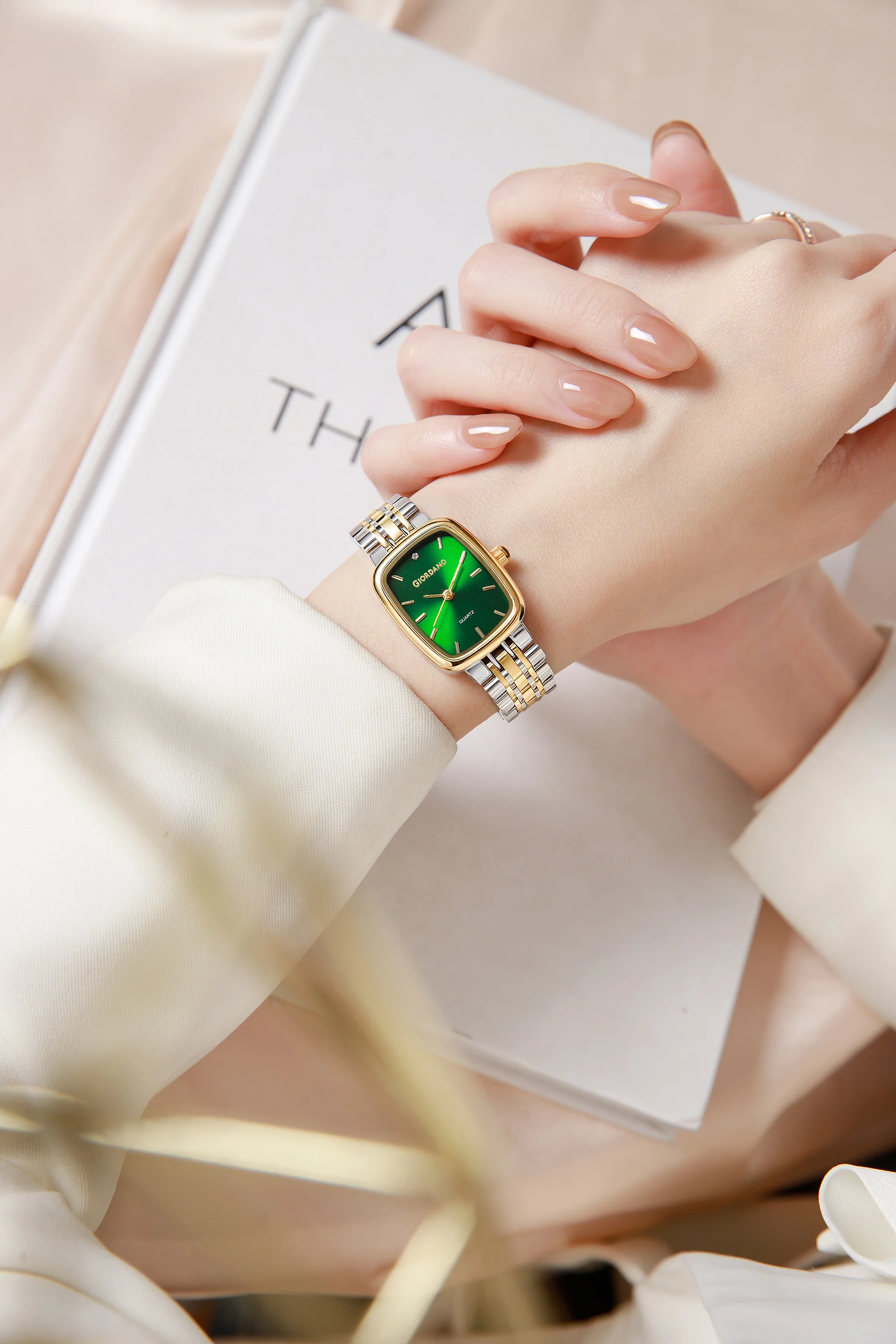 Giordano Analog Quartz Watch for Women with Rectangular Green Dial, Blue Crown, Silver and Gold Stainless Steel Strap - GZ-60150-33 - Image 2