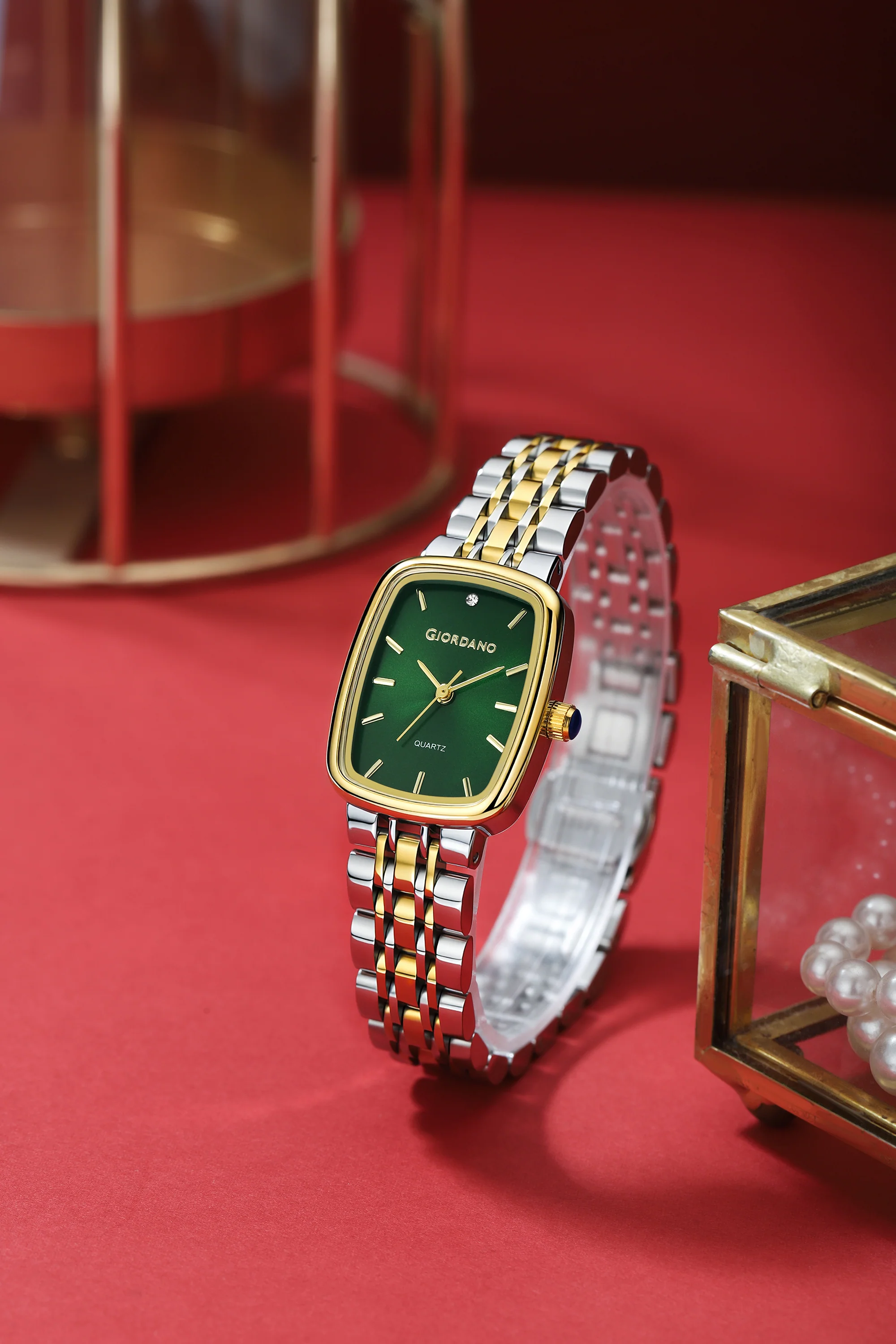Giordano Analog Quartz Watch for Women with Rectangular Green Dial, Blue Crown, Silver and Gold Stainless Steel Strap - GZ-60150-33 - Image 3