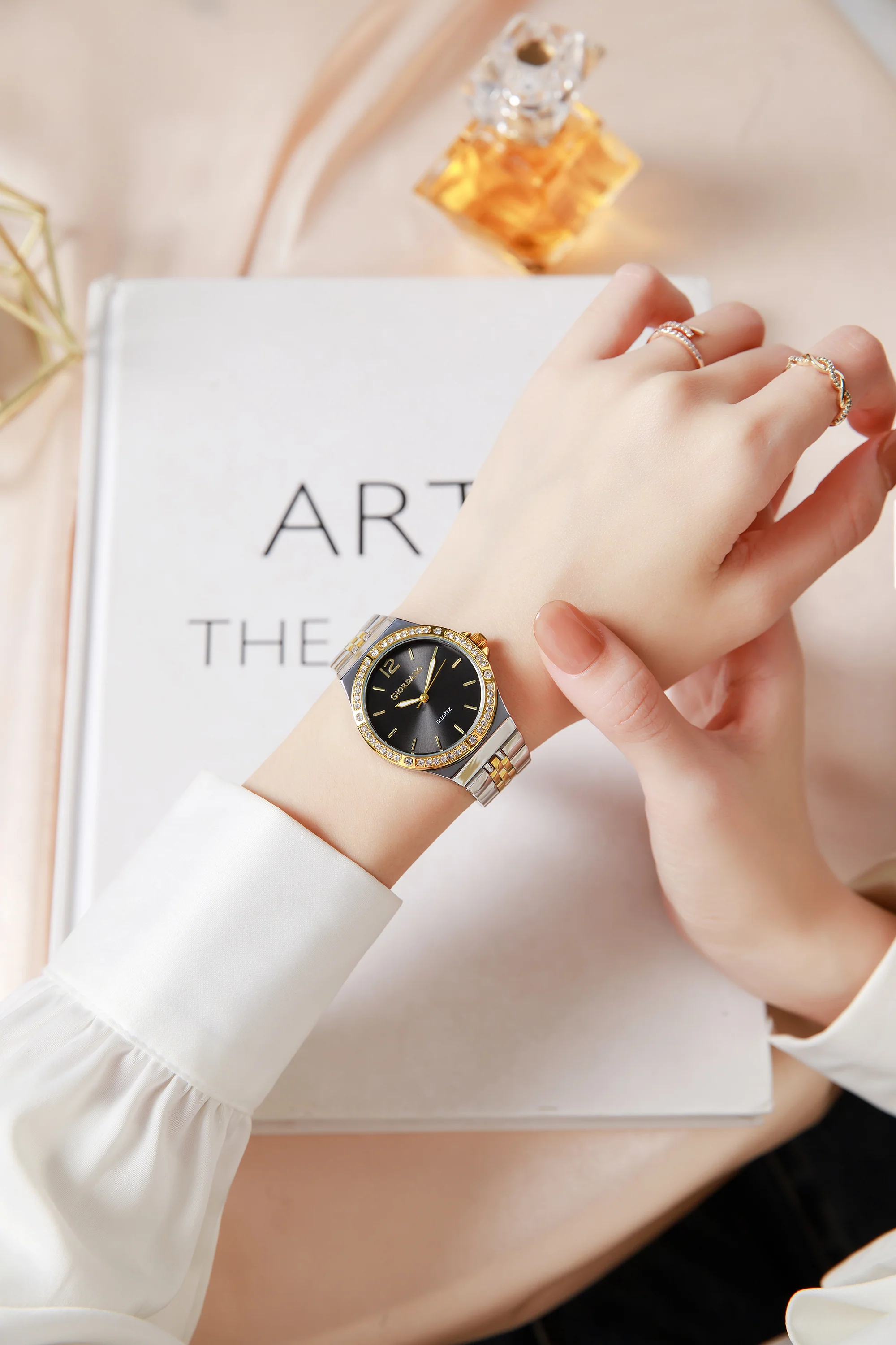 Giordano Analog Quartz Watch for Women with Round Black Dial, Crystal Studded Bezel, Blue Crown, Luminous Hands, Silver and Gold Stainless Steel Strap - GZ-60159-11 - Image 2