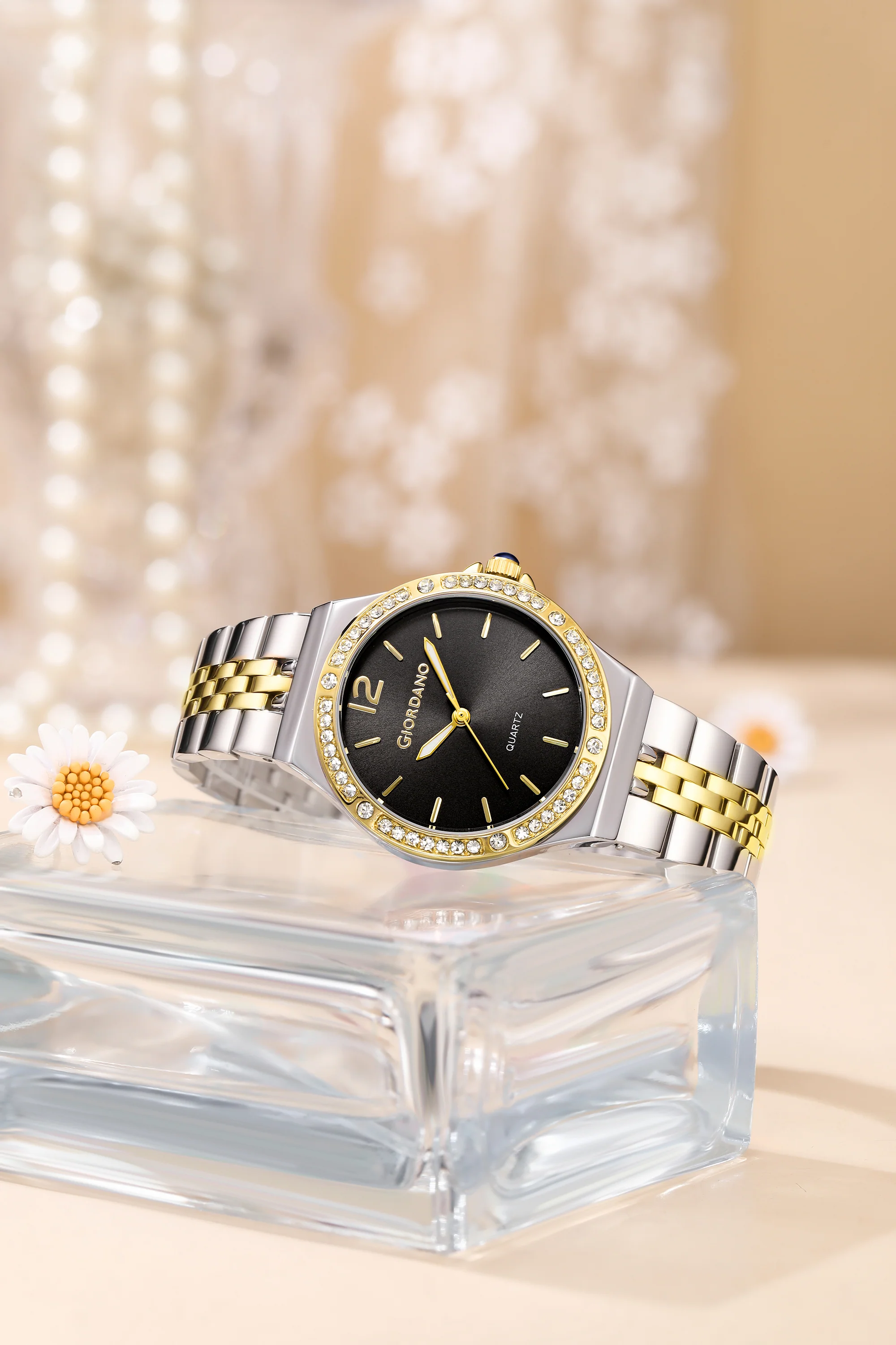 Giordano Analog Quartz Watch for Women with Round Black Dial, Crystal Studded Bezel, Blue Crown, Luminous Hands, Silver and Gold Stainless Steel Strap - GZ-60159-11 - Image 3