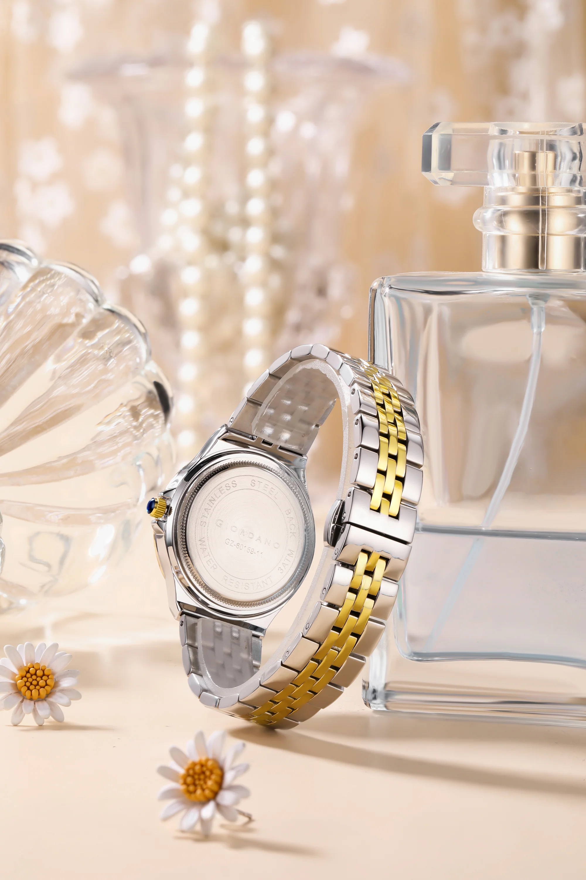 Giordano Analog Quartz Watch for Women with Round Black Dial, Crystal Studded Bezel, Blue Crown, Luminous Hands, Silver and Gold Stainless Steel Strap - GZ-60159-11 - Image 4