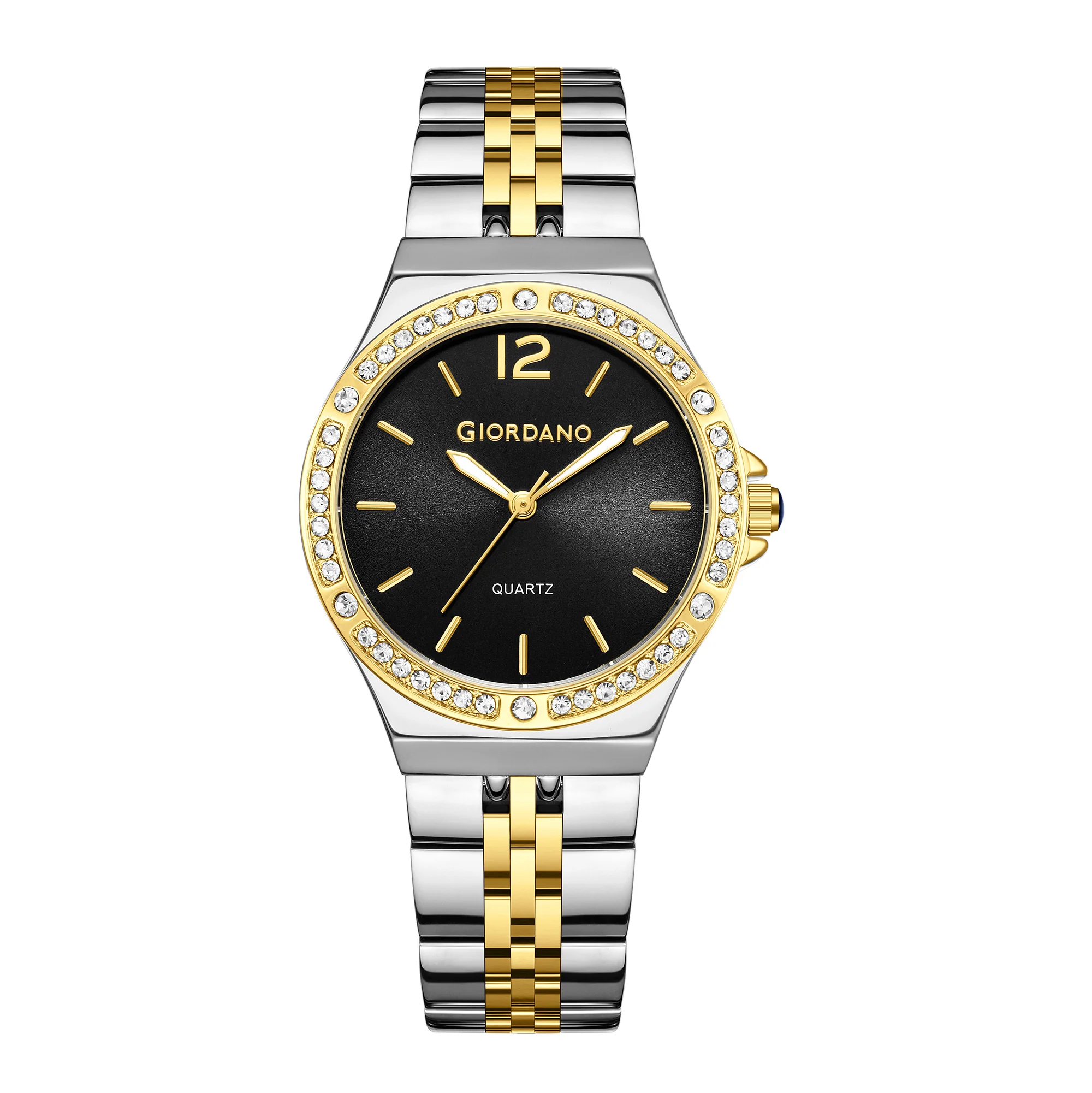 Giordano Analog Quartz Watch for Women with Round Black Dial, Crystal Studded Bezel, Blue Crown, Luminous Hands, Silver and Gold Stainless Steel Strap - GZ-60159-11 - Image 5
