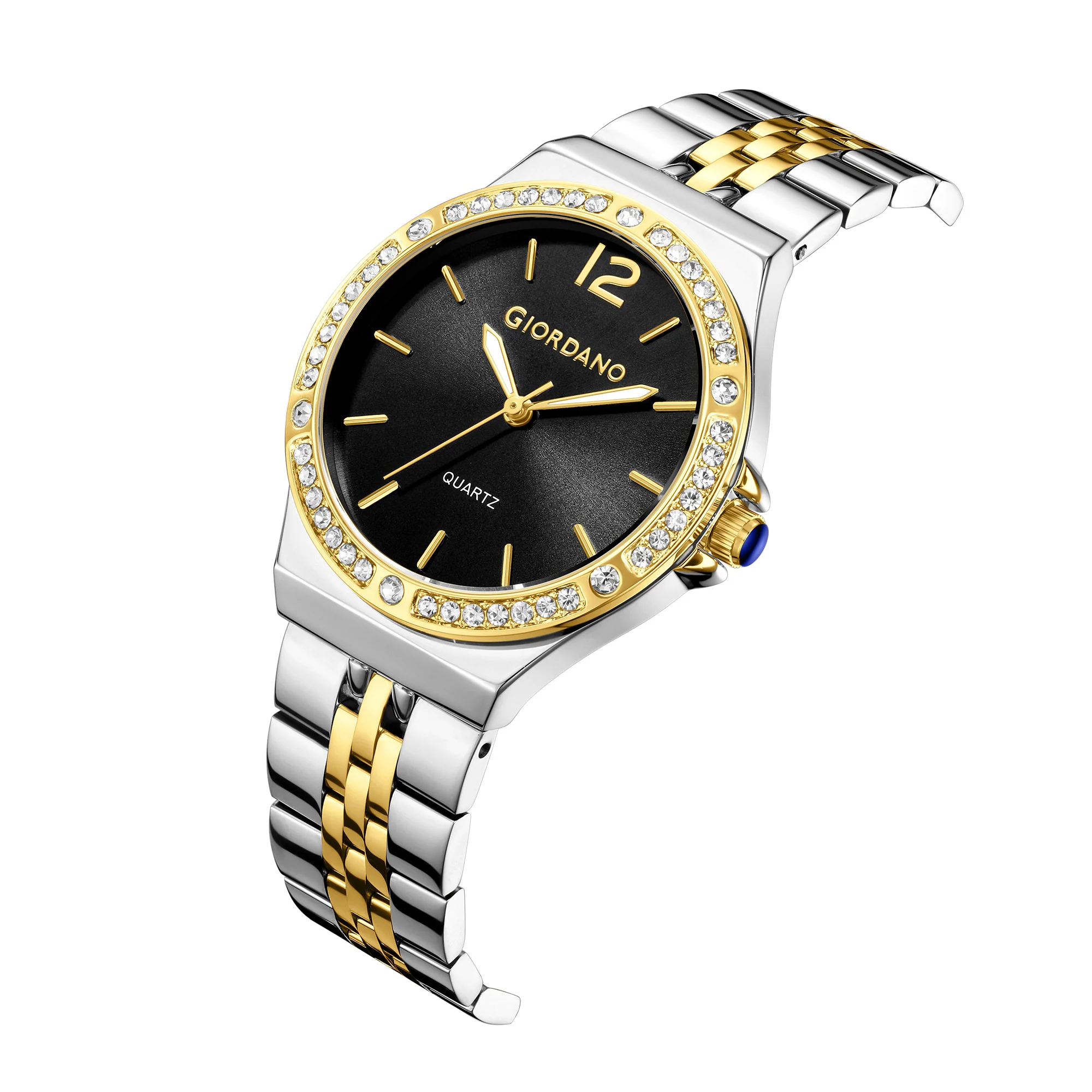 Giordano Analog Quartz Watch for Women with Round Black Dial, Crystal Studded Bezel, Blue Crown, Luminous Hands, Silver and Gold Stainless Steel Strap - GZ-60159-11 - Image 6