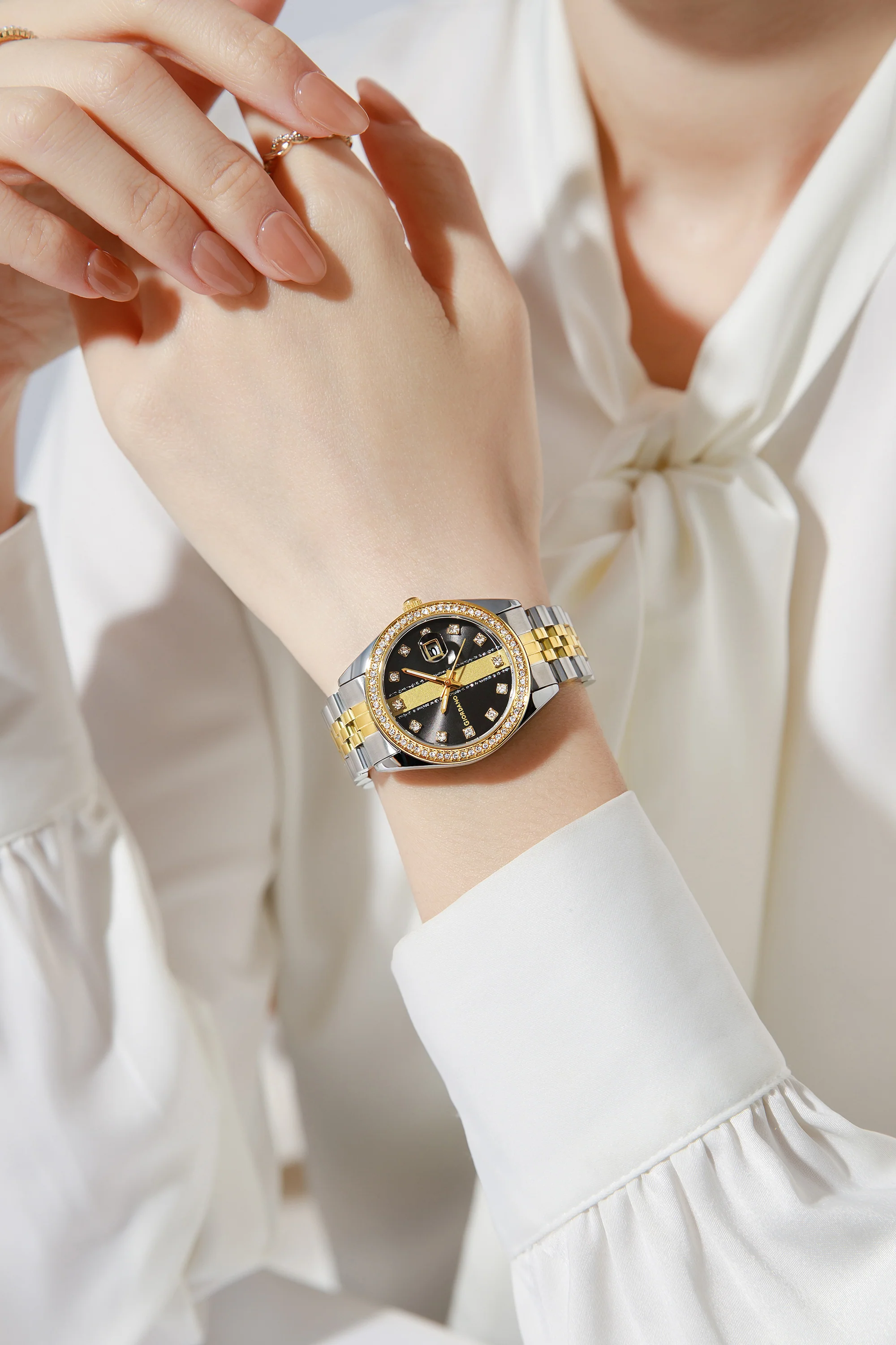 Giordano Analog Quartz Watch for Women with Round Black Dial, Crystal studded bezel, Date Function, Blue Crown, Luminos hands, Crystal hour markers, Silver and Gold Stainless Steel Strap - GZ-60151-11 - Image 2
