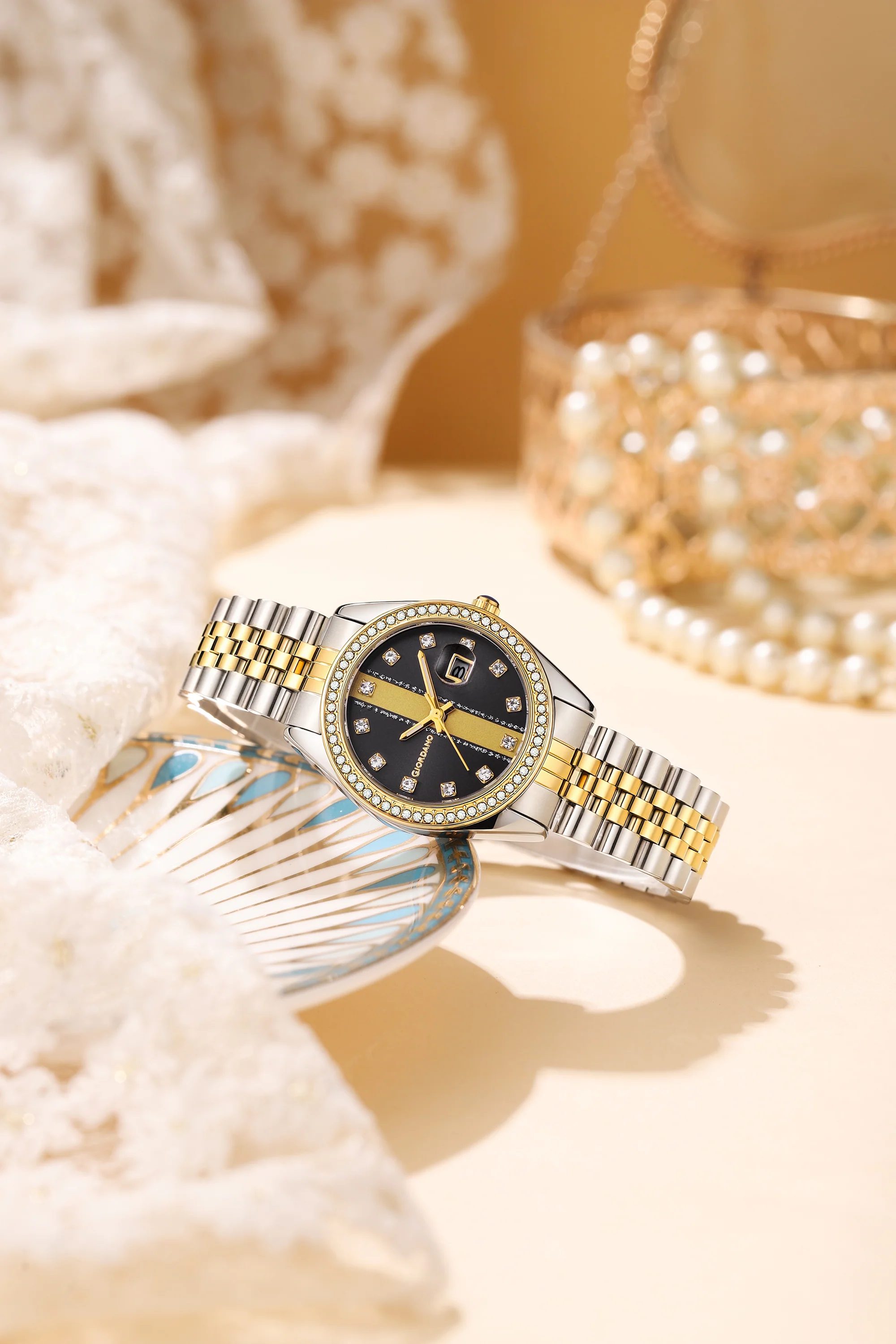 Giordano Analog Quartz Watch for Women with Round Black Dial, Crystal studded bezel, Date Function, Blue Crown, Luminos hands, Crystal hour markers, Silver and Gold Stainless Steel Strap - GZ-60151-11 - Image 3