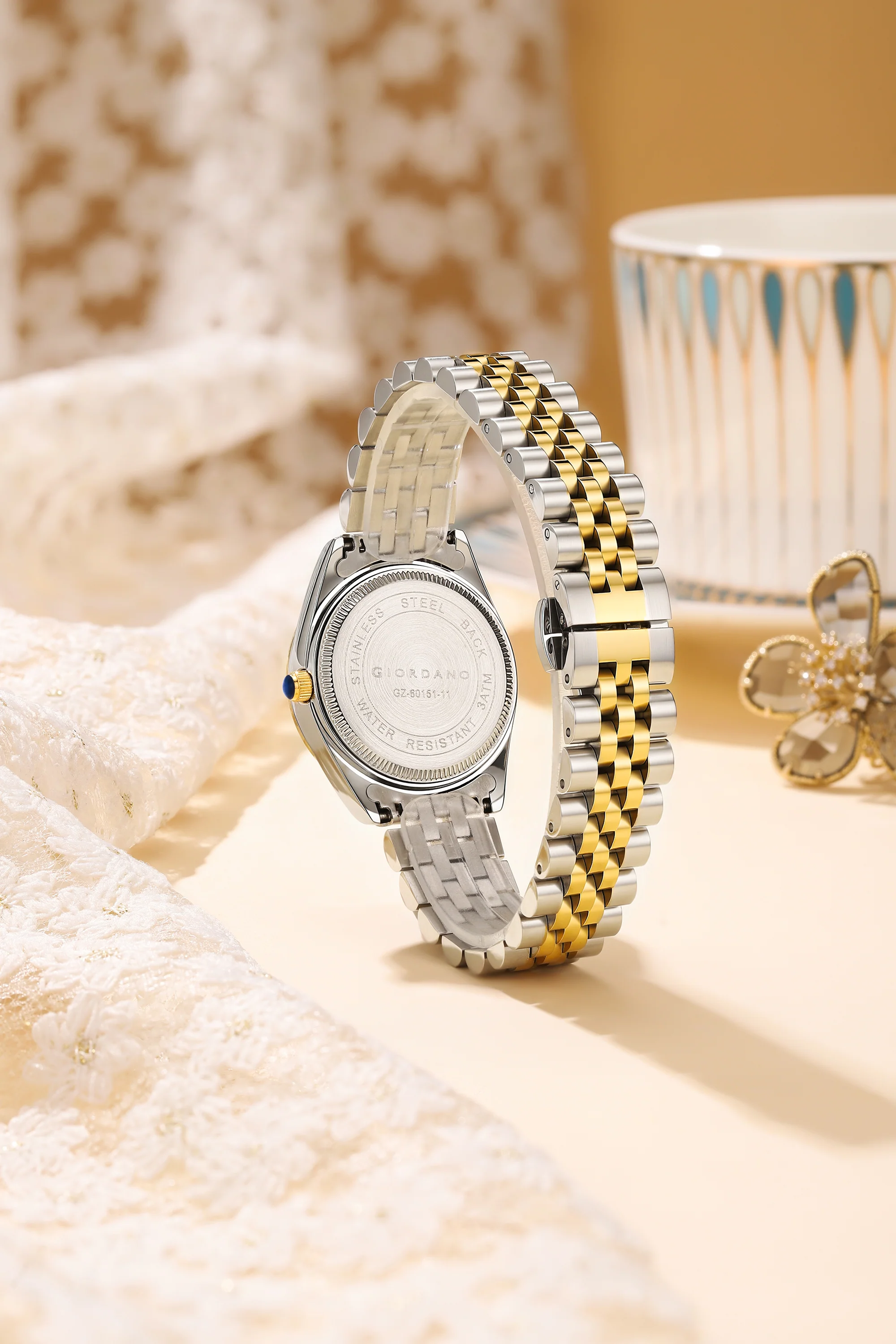 Giordano Analog Quartz Watch for Women with Round Black Dial, Crystal studded bezel, Date Function, Blue Crown, Luminos hands, Crystal hour markers, Silver and Gold Stainless Steel Strap - GZ-60151-11 - Image 4