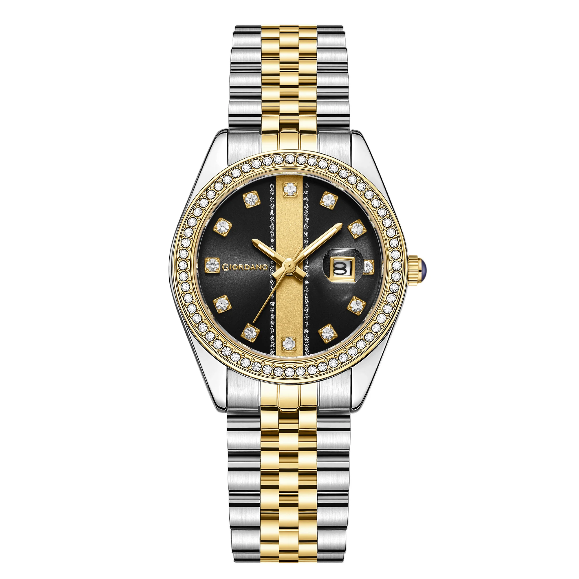 Giordano Analog Quartz Watch for Women with Round Black Dial, Crystal studded bezel, Date Function, Blue Crown, Luminos hands, Crystal hour markers, Silver and Gold Stainless Steel Strap - GZ-60151-11 - Image 5