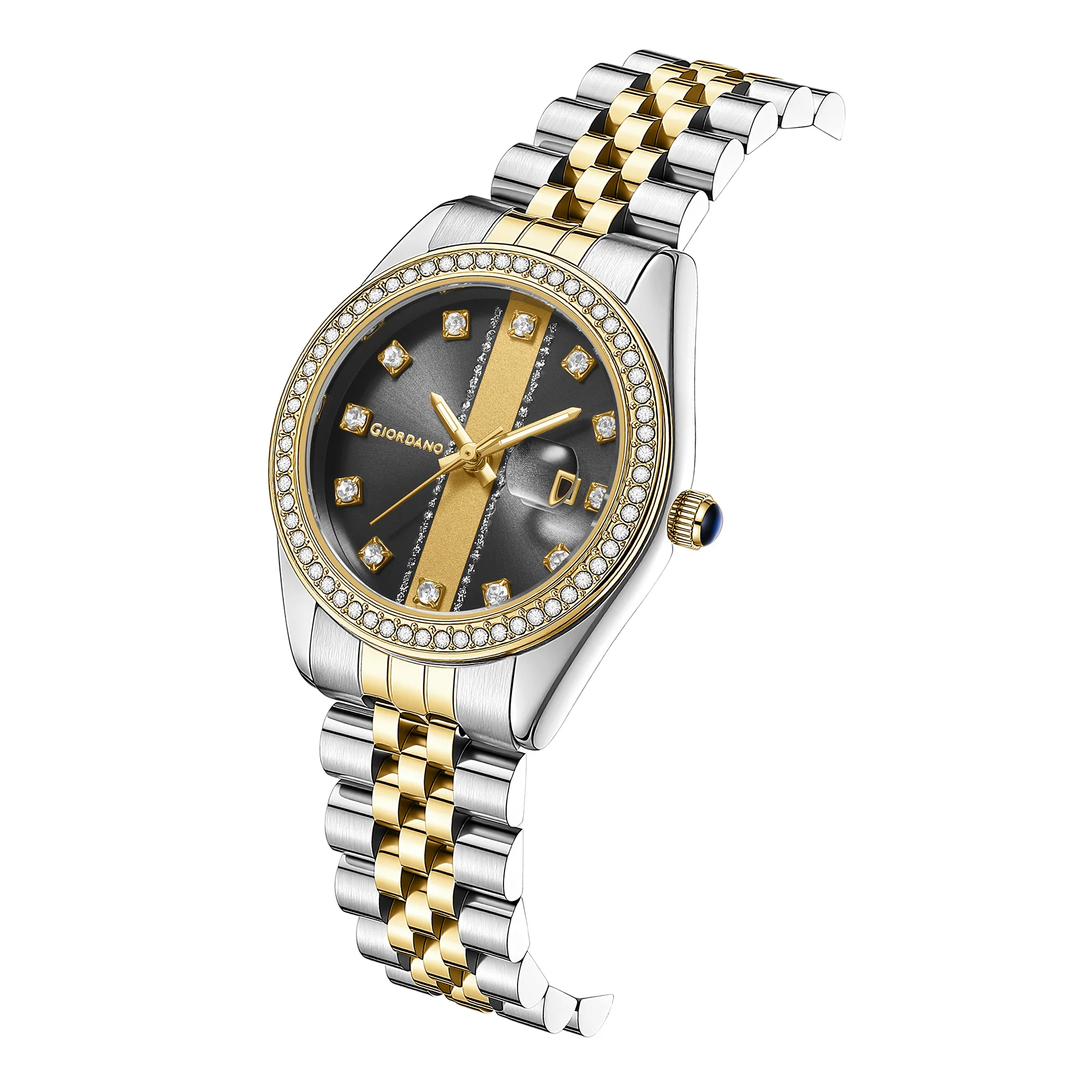 Giordano Analog Quartz Watch for Women with Round Black Dial, Crystal studded bezel, Date Function, Blue Crown, Luminos hands, Crystal hour markers, Silver and Gold Stainless Steel Strap - GZ-60151-11 - Image 6
