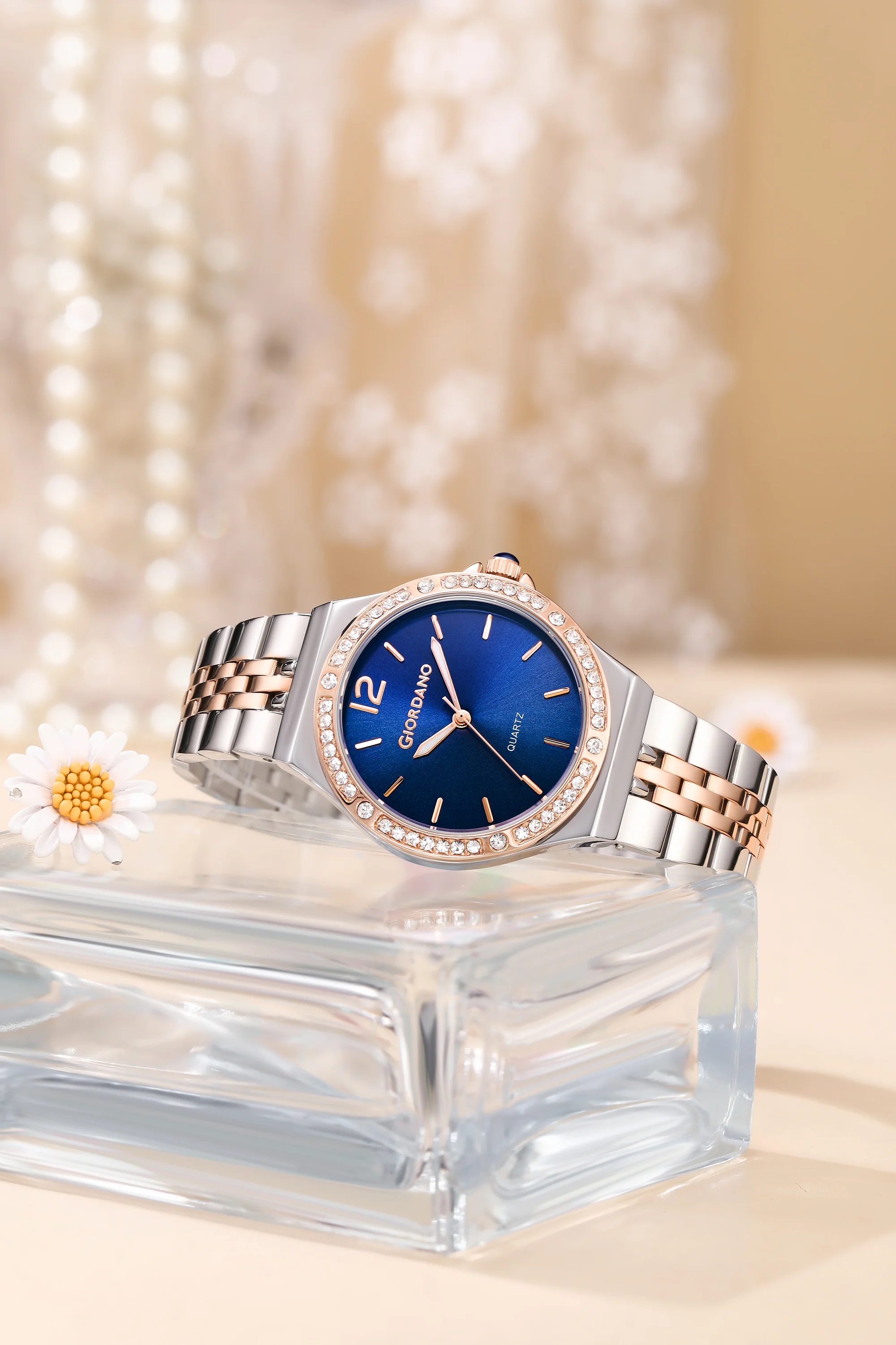 Giordano Analog Quartz Watch for Women with Round Blue Dial, Crystal Studded Bezel, Blue Crown, Luminous Hands, Silver and Rose Gold Stainless Steel Strap - GZ-60159-88 - Image 3