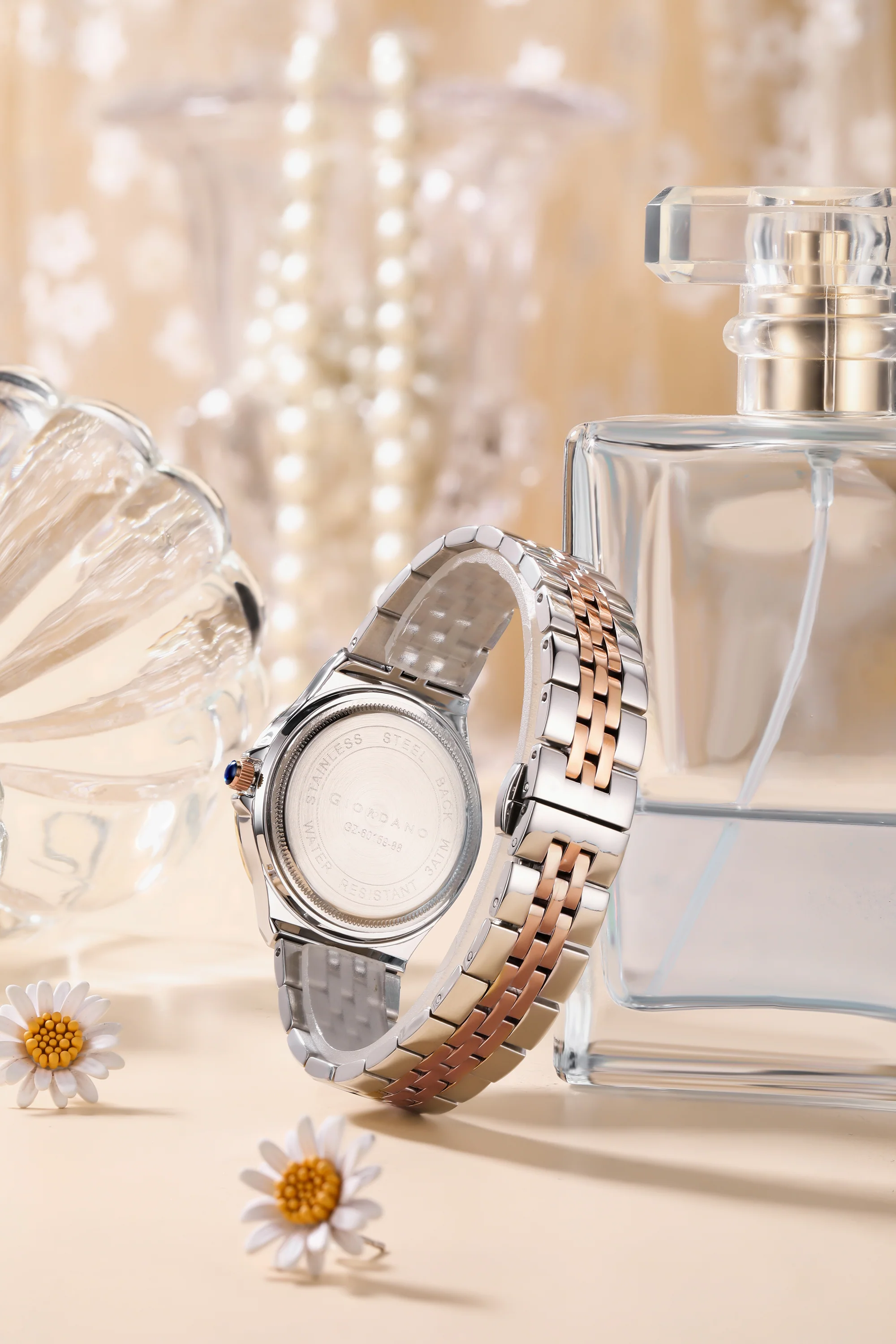 Giordano Analog Quartz Watch for Women with Round Blue Dial, Crystal Studded Bezel, Blue Crown, Luminous Hands, Silver and Rose Gold Stainless Steel Strap - GZ-60159-88 - Image 4