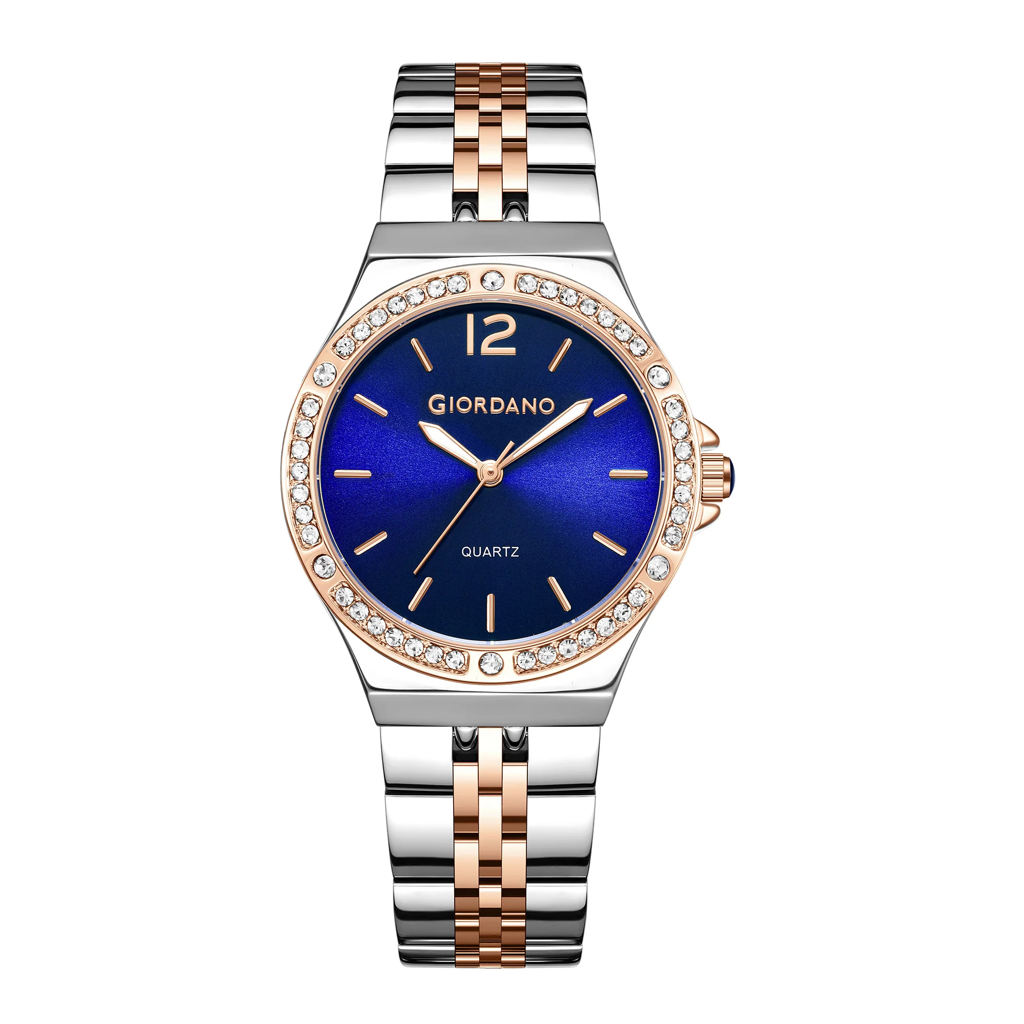 Giordano Analog Quartz Watch for Women with Round Blue Dial, Crystal Studded Bezel, Blue Crown, Luminous Hands, Silver and Rose Gold Stainless Steel Strap - GZ-60159-88 - Image 5