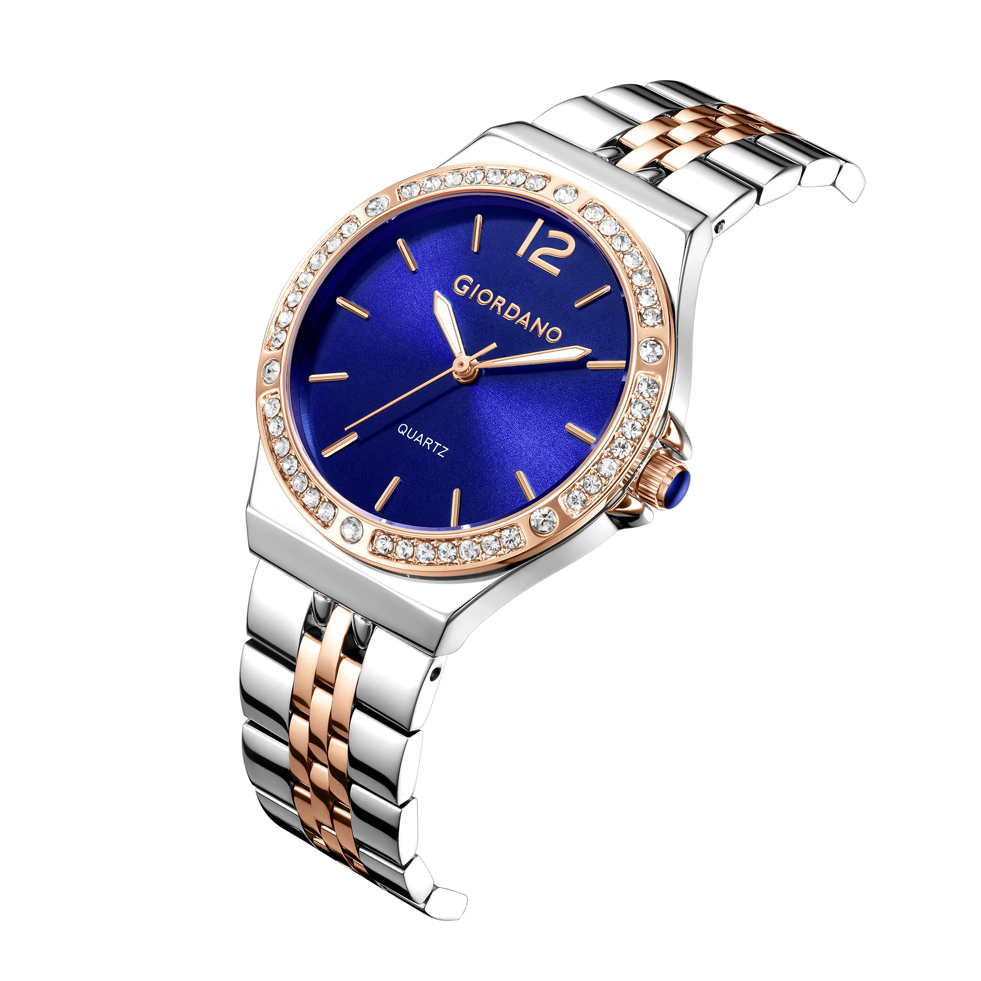 Giordano Analog Quartz Watch for Women with Round Blue Dial, Crystal Studded Bezel, Blue Crown, Luminous Hands, Silver and Rose Gold Stainless Steel Strap - GZ-60159-88 - Image 6