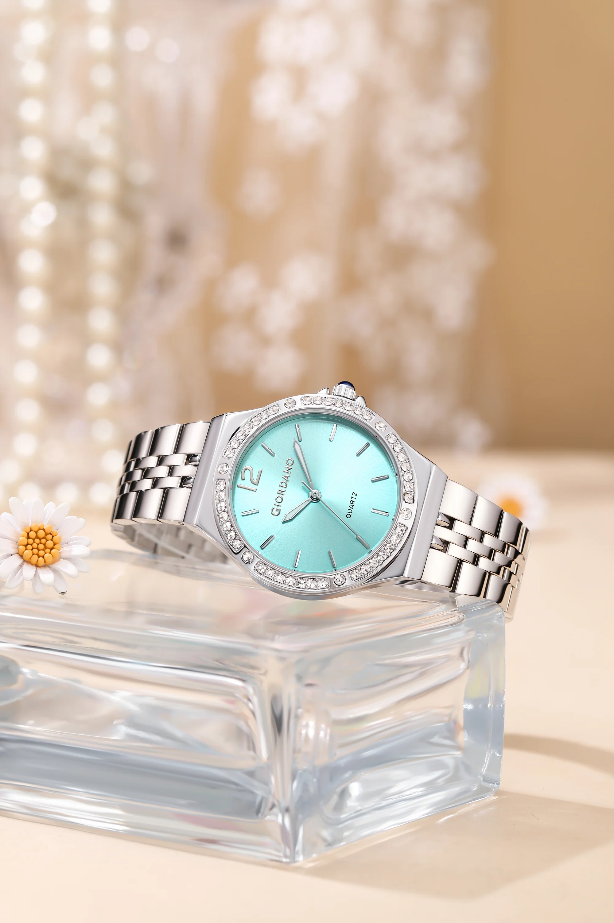 Giordano Analog Quartz Watch for Women with Round Blue Dial, Crystal Studded Bezel, Blue Crown, Luminous Hands, Silver Stainless Steel Strap - GZ-60159-55 - Image 3