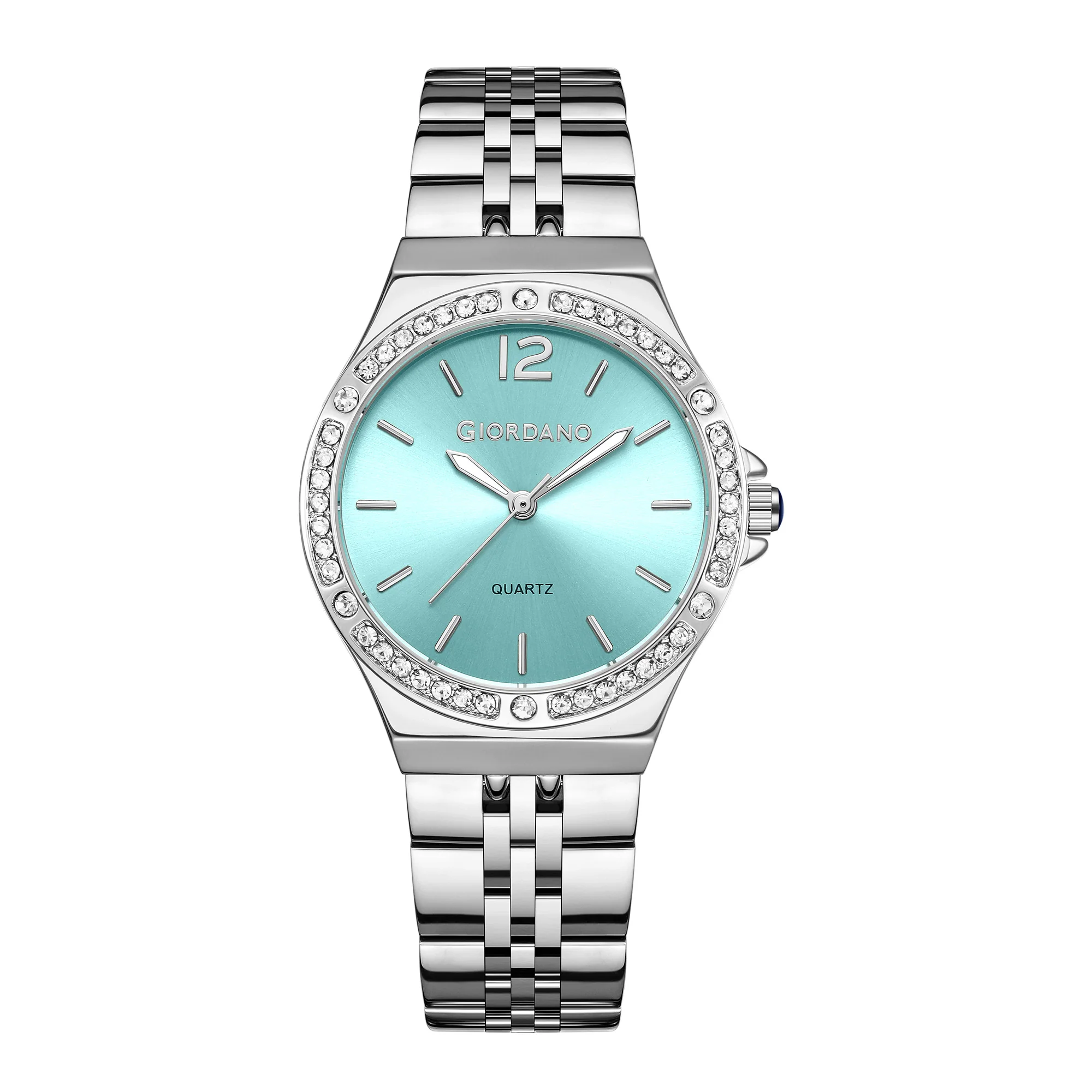 Giordano Analog Quartz Watch for Women with Round Blue Dial, Crystal Studded Bezel, Blue Crown, Luminous Hands, Silver Stainless Steel Strap - GZ-60159-55 - Image 5