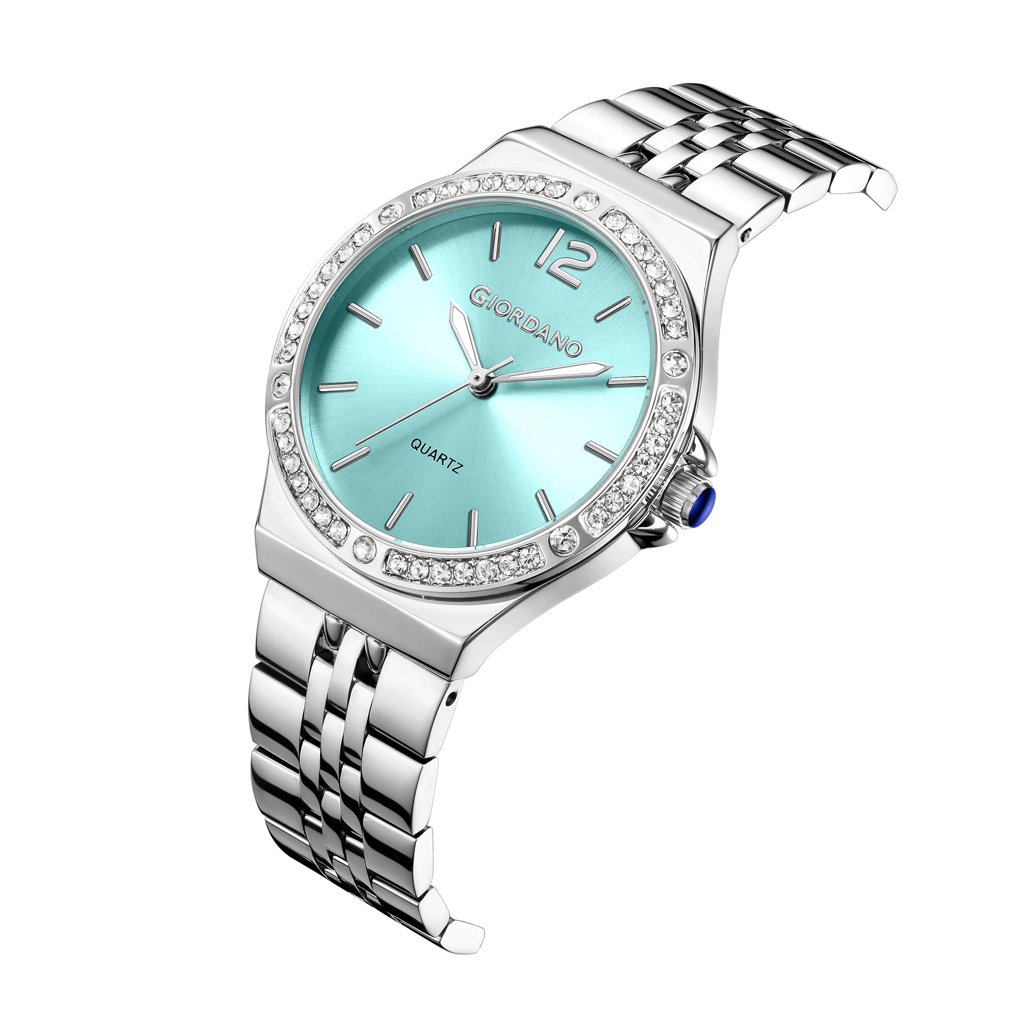 Giordano Analog Quartz Watch for Women with Round Blue Dial, Crystal Studded Bezel, Blue Crown, Luminous Hands, Silver Stainless Steel Strap - GZ-60159-55 - Image 6