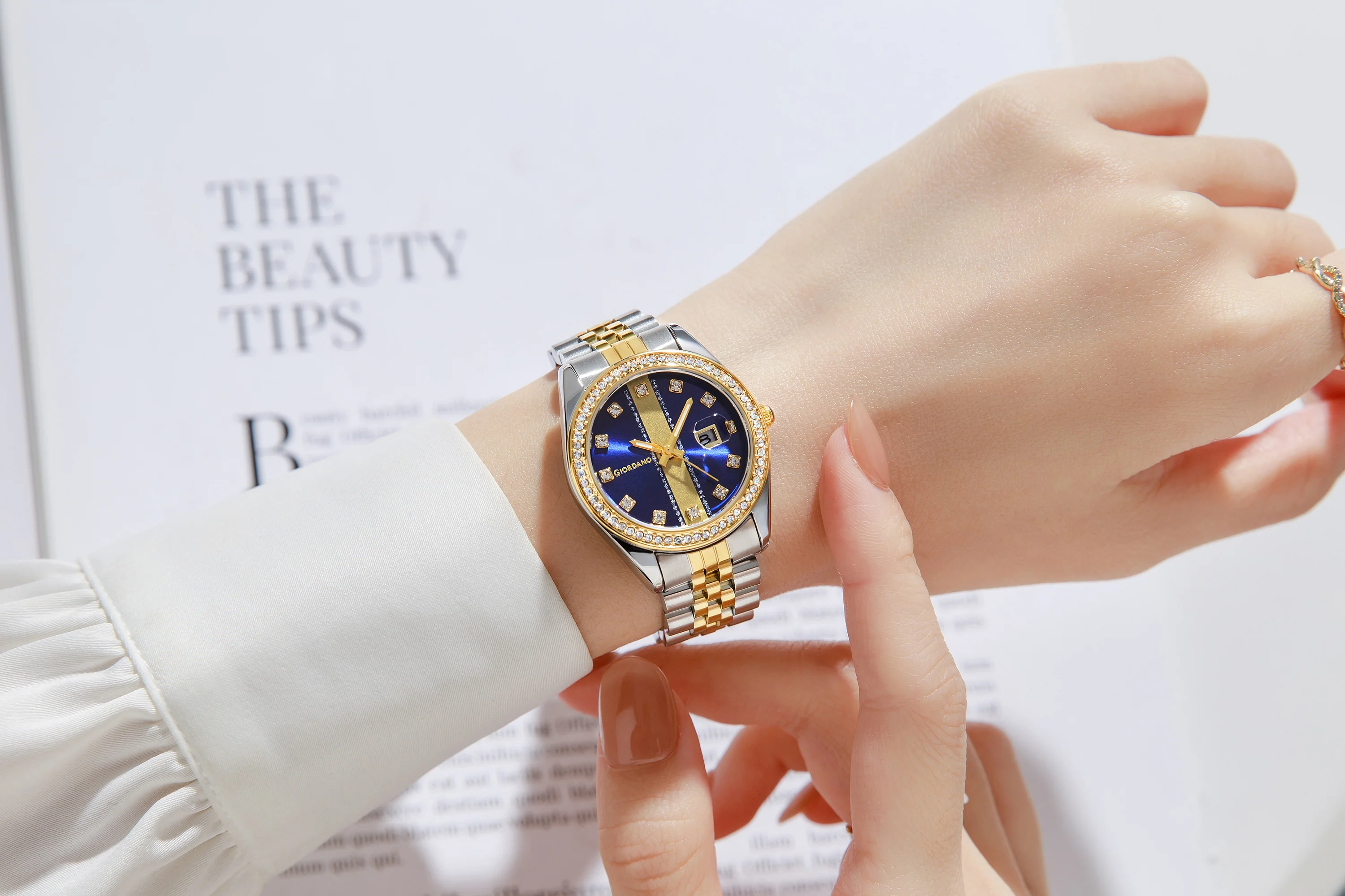 Giordano Analog Quartz Watch for Women with Round Blue Dial, Crystal studded bezel, Date Function, Blue Crown, Luminous hands, Crystal hour markers, Silver and Gold Stainless Steel Strap - GZ-60151-22 - Image 2