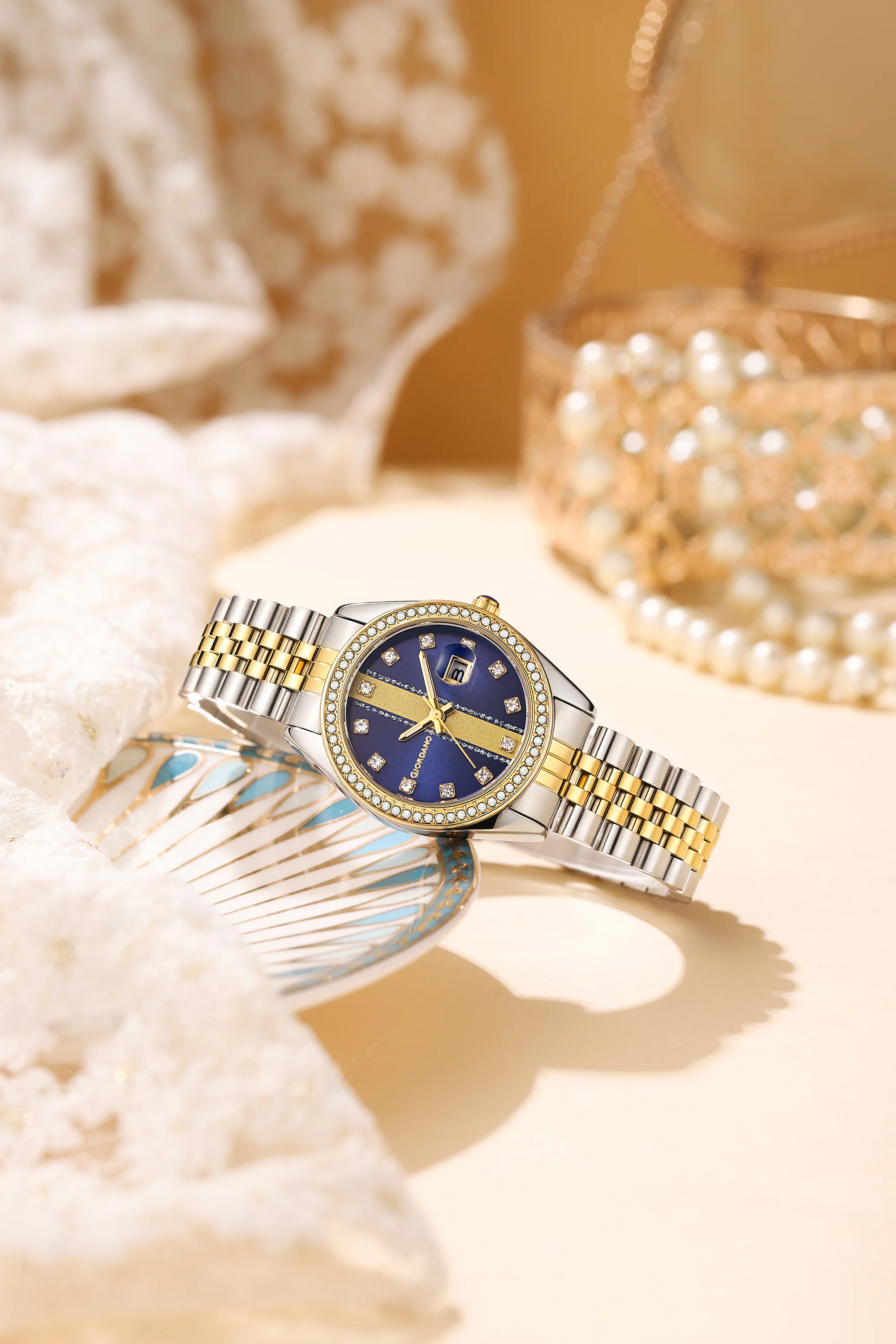 Giordano Analog Quartz Watch for Women with Round Blue Dial, Crystal studded bezel, Date Function, Blue Crown, Luminous hands, Crystal hour markers, Silver and Gold Stainless Steel Strap - GZ-60151-22 - Image 3
