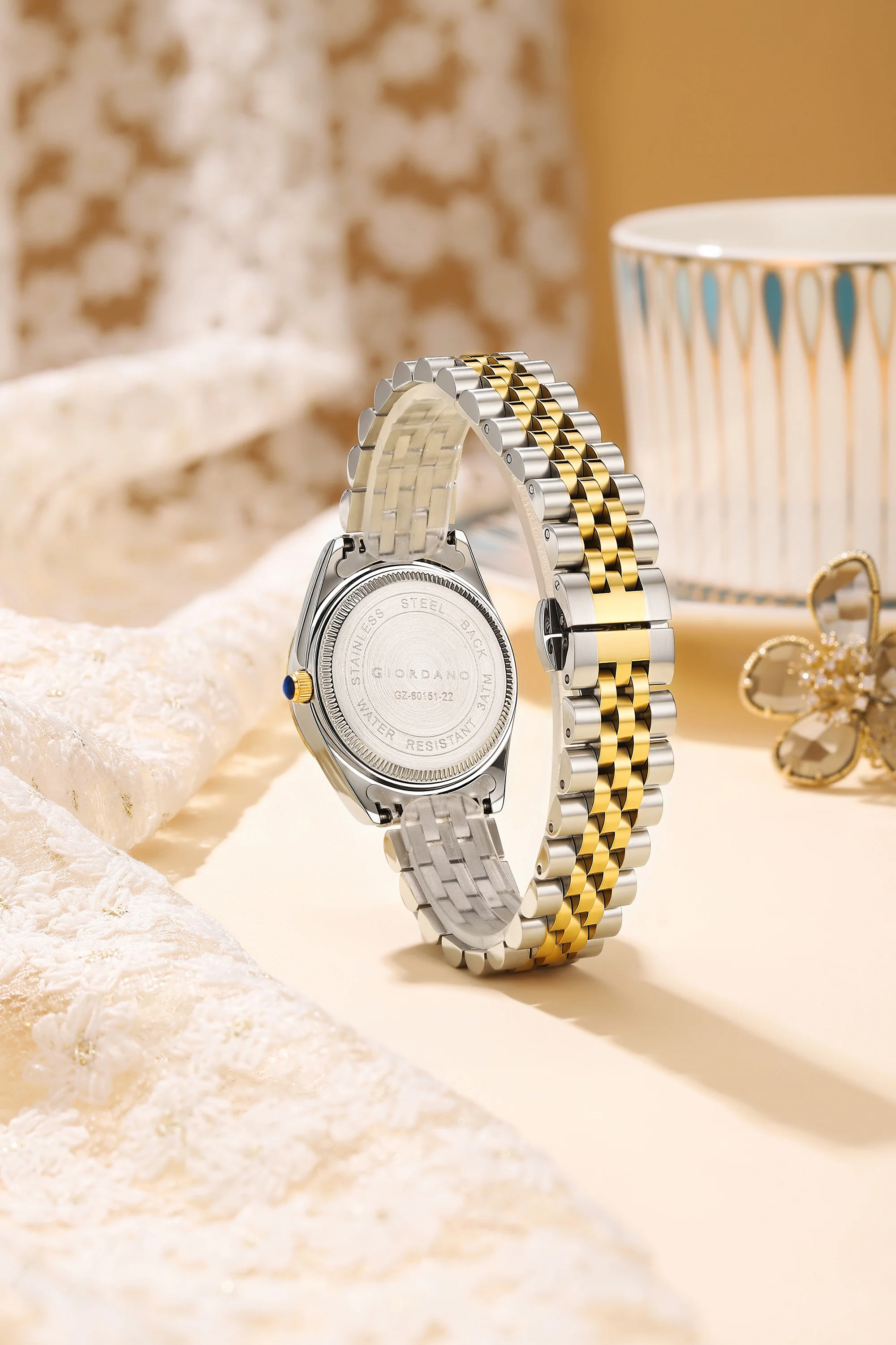 Giordano Analog Quartz Watch for Women with Round Blue Dial, Crystal studded bezel, Date Function, Blue Crown, Luminous hands, Crystal hour markers, Silver and Gold Stainless Steel Strap - GZ-60151-22 - Image 4