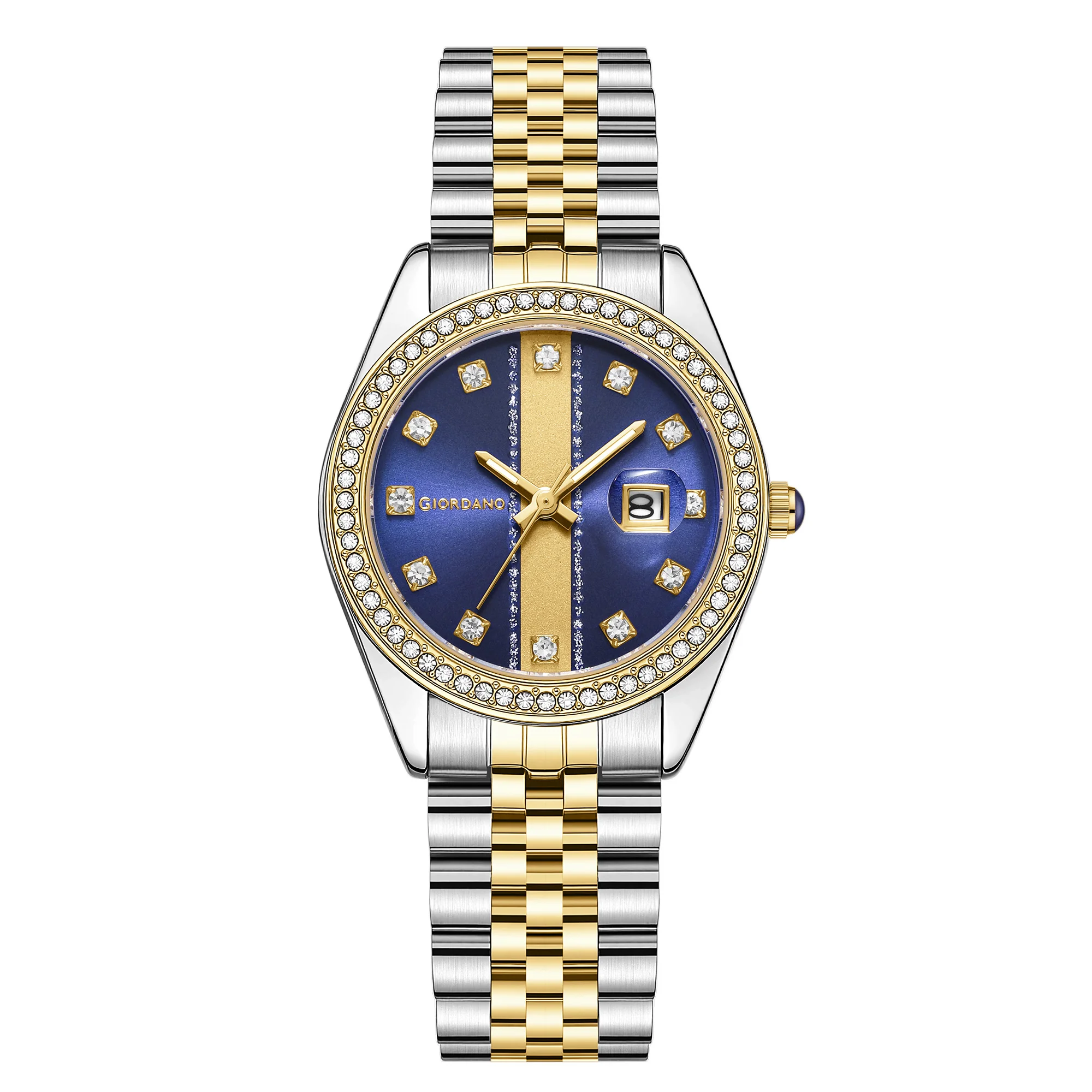 Giordano Analog Quartz Watch for Women with Round Blue Dial, Crystal studded bezel, Date Function, Blue Crown, Luminous hands, Crystal hour markers, Silver and Gold Stainless Steel Strap - GZ-60151-22 - Image 5