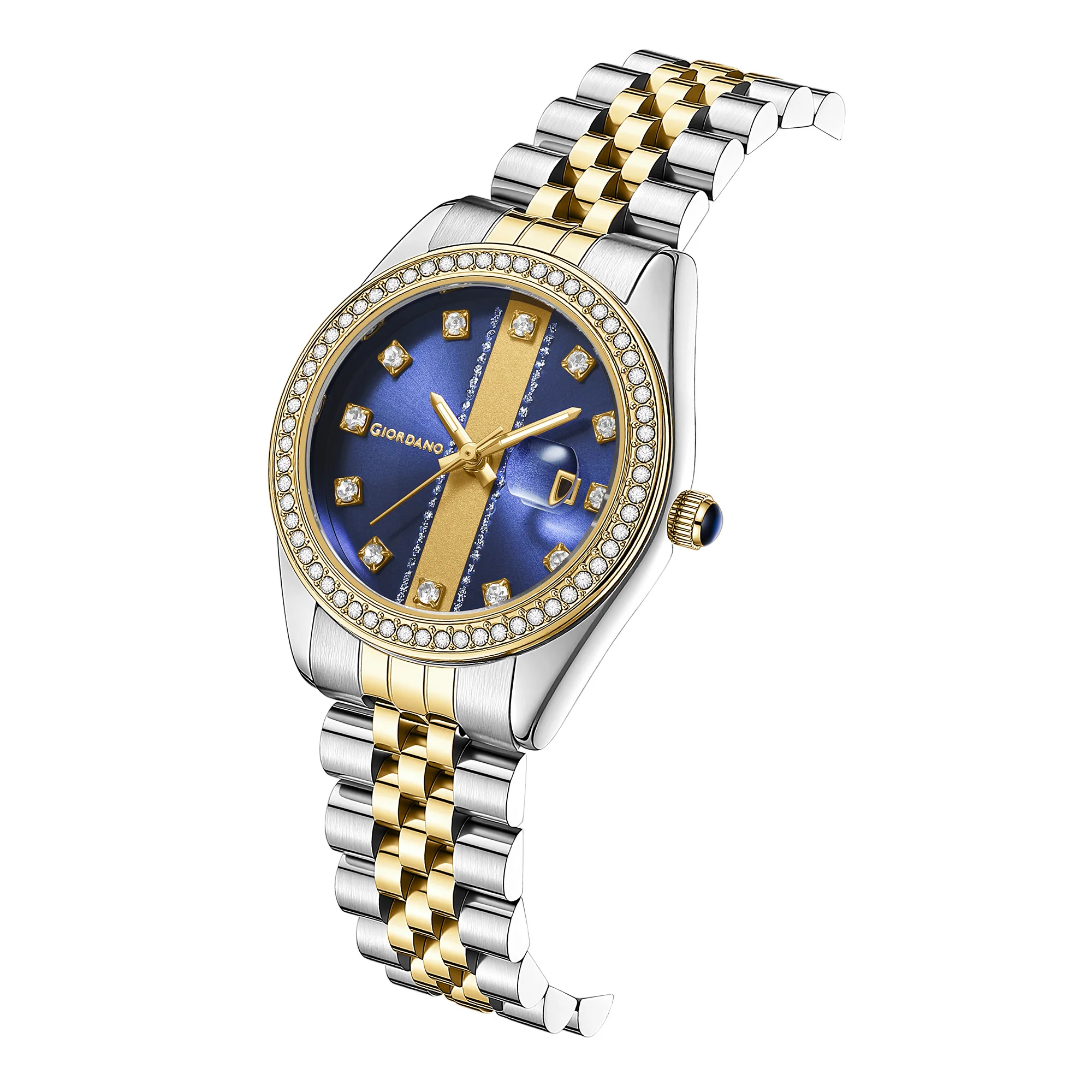 Giordano Analog Quartz Watch for Women with Round Blue Dial, Crystal studded bezel, Date Function, Blue Crown, Luminous hands, Crystal hour markers, Silver and Gold Stainless Steel Strap - GZ-60151-22 - Image 6