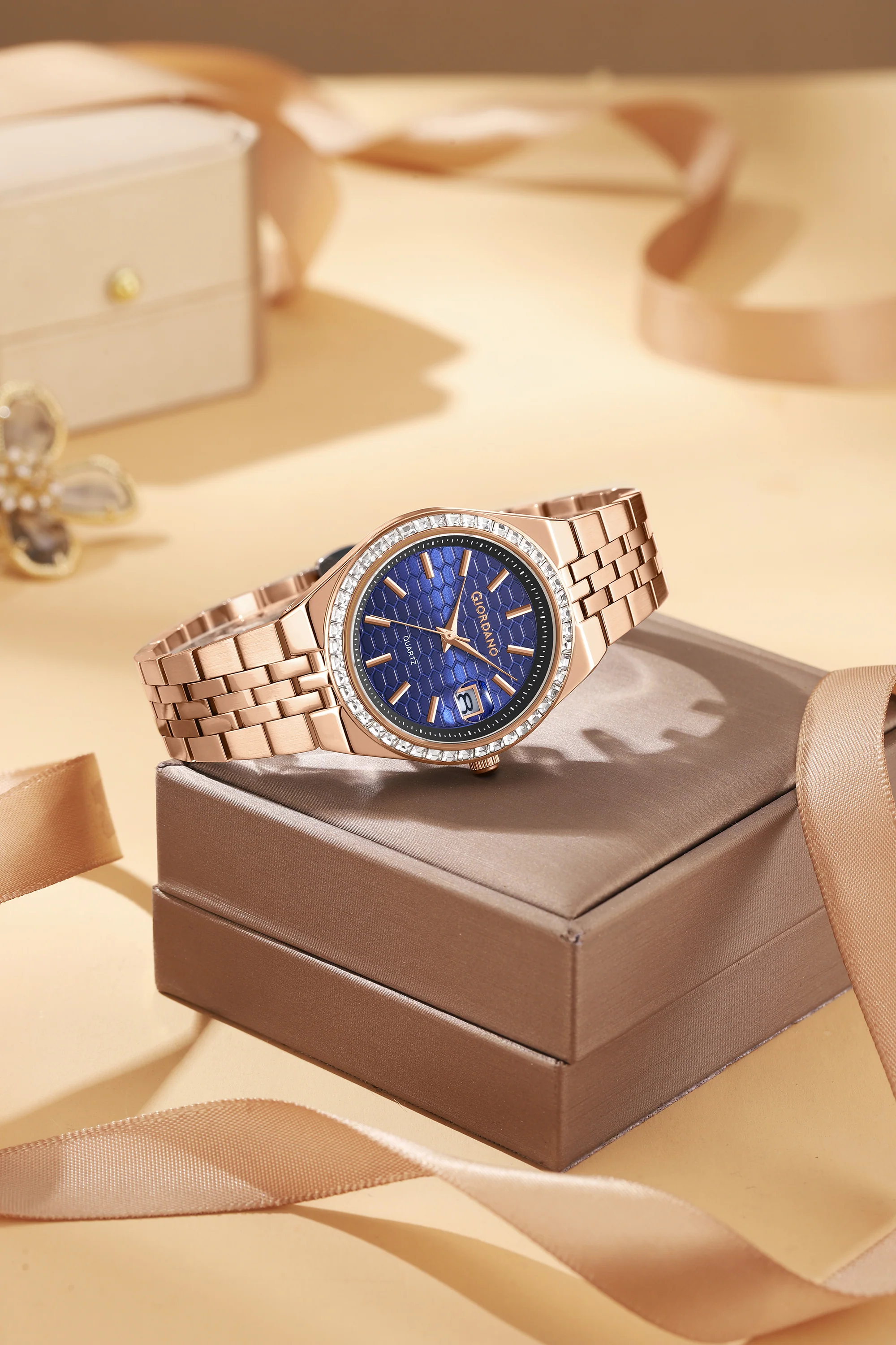 Giordano Analog Quartz Watch for Women with Round Blue Dial, Crystal Studded Bezel, Date Function, Blue Crown, Rose Gold Stainless Steel Strap - GZ-60152-33 - Image 3