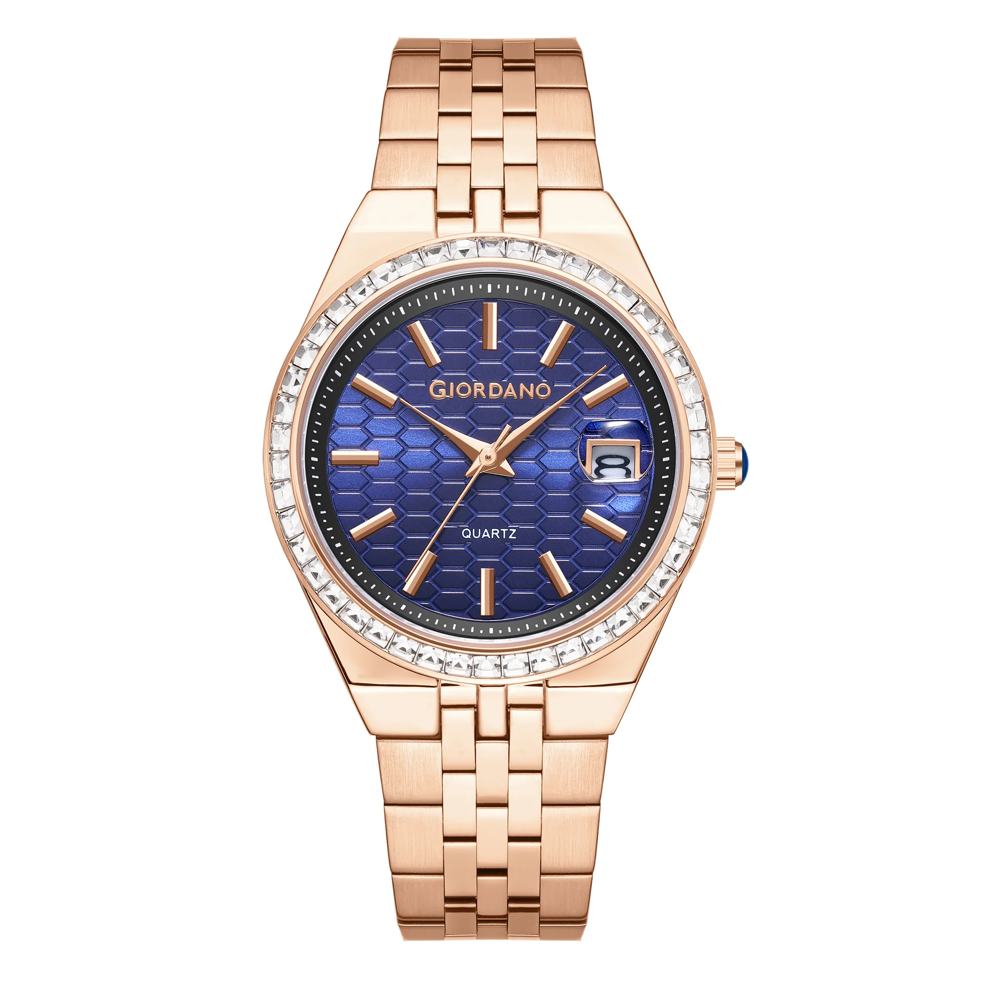 Giordano Analog Quartz Watch for Women with Round Blue Dial, Crystal Studded Bezel, Date Function, Blue Crown, Rose Gold Stainless Steel Strap - GZ-60152-33 - Image 5