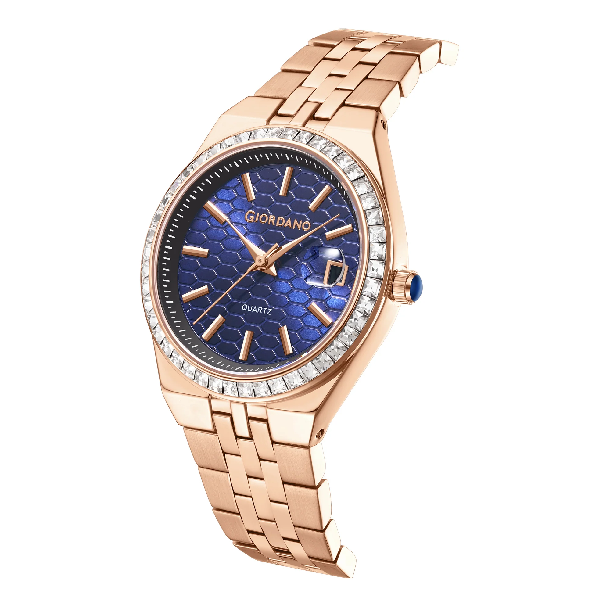 Giordano Analog Quartz Watch for Women with Round Blue Dial, Crystal Studded Bezel, Date Function, Blue Crown, Rose Gold Stainless Steel Strap - GZ-60152-33 - Image 6